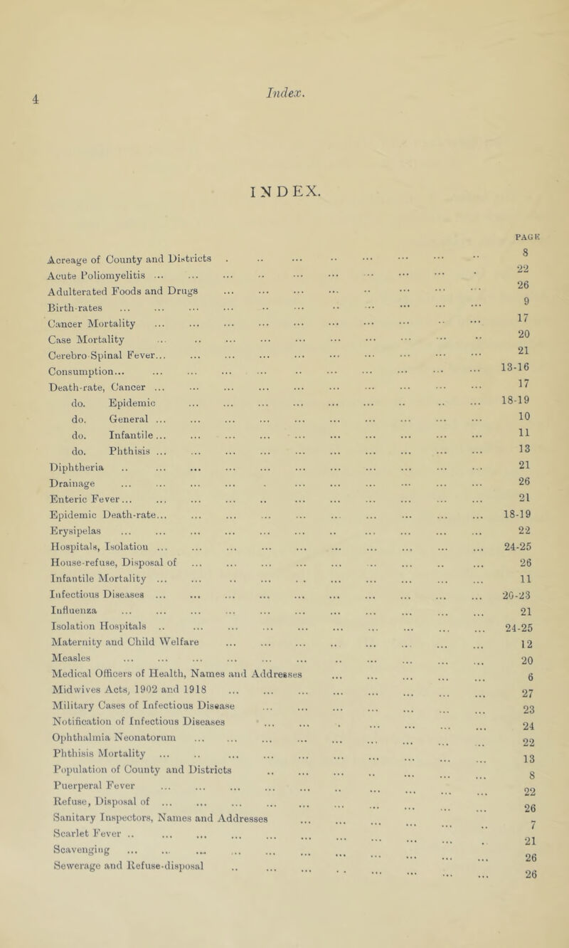 INDEX. Acreage of County and Districts Acute Poliomyelitis ... Adulterated Foods and Drugs Birthrates Cancer Mortality Case Mortality Cerebro Spinal Fever... Consumption... Death-rate, Cancer ... do. Epidemic do. General ... do. Infantile... do. Phthisis ... Diphtheria Drainage Enteric Fever... Epidemic Death-rate... Erysipelas Hospital-s, Isolation ... House-refuse, Disposal of Infantile Mortality ... Infectious Dise.vses ... Influenza Isolation Hospitals Maternity and Child Welfare Measles Medical Officers of Health, Names and Addresse Midwives Acts, 1902 and 1918 Military Cases of Infectious Disease Notification of Infectious Di8ea.ses Ophthalmia Neonatorum Phthisis Mortality Popidation of County and Districts Puerperal Fever Refuse, Disposal of ... Sanitary Inspectors, Names and Addresse Scarlet Fever .. Scavenging Sewerage and Refuse-disposal PAG If 8 22 26 9 17 20 21 13-16 17 18-19 10 11 13 21 26 21 18-19 22 24-25 26 11 20-23 21 24-25 12 20 6 27 23 24 22 13 8 22 26 7 21 26 26