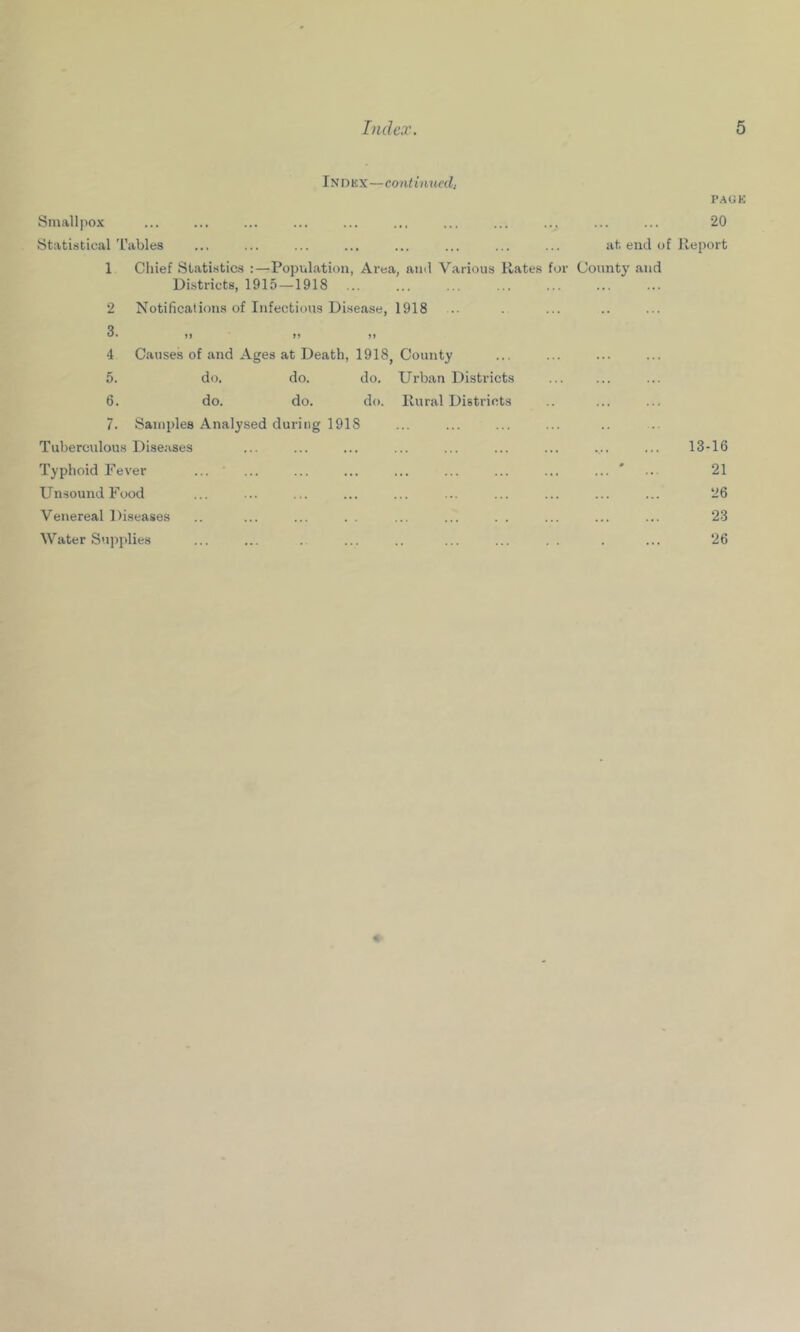 Indicx—continuedi P.AGK Small]iox ... ... ... ... ... ... 20 Statistical I'ables at end of Report 1 Chief Statistics :—Population, Area, aiul Various Rates for Di-stricts, 1915 —1918 County and 2 3. 4 Notifications of Infectious Disease, 1918 >) Causes of and Ages at Death, 1918, County ... ... 5. do. do. do. Urban Districts 6. do. do. do. Rural Districts 7. Samples Analysed during 1918 Tuberculous Diseases 13-16 Typhoid Fever ’ ... * ... 21 Unsound Food 26 Venereal Diseases .. ... ... . . ... ... . . 23 Water Su])plies ... ... . ... .. ... ... . . 26