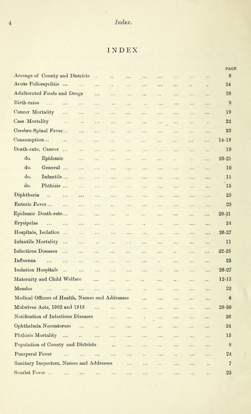 INDEX PAGE Acreage of County and Districts .. ... ... ... ... ... ... ... 8 Acute Poliomyelitis ... ... .^. .. ... ... ... ... .. .. 24 Adulterated Foods aud Drugs ... ... ... ... .. ... ... ... 28 Birth-rates ... ... ... ... .. ... .. ... ... ... ... 9 Cancer Mortality ... ... ... ... ... ... ... ... .. ... 19 Case Mortality ... .. ... ... ... ... ... ... ... .. 22 Cerebro-Spinal Fever... ... ... ... ... ... ... ... ... ... 23 Consumption... ... ... ... ... .. ... ... ... ... ... 14-18 Death-rate, Cancer ... ... ... ... ... ... ... ... ... ... 19 do. Epidemic ... ... ... ... ... ... .. .. ... 20-21 do. General ... ... ... ... ... ... ... ... ... ... 10 do. Infantile... ... ... ... ... ... ... ... ... ... 11 do. Phthisis ... ... ... ... ... ... ... ... ... ... 15 Diphtheria .. ... ... ... ... ... ... ... ... ... ... 23 Enteric Fever... ... ... ... .. ... ... ... ... ... ... 23 Epidemic Death-rate... ... ... ... .. ... ... ... ... ... 20-21 p Erysipelas ... ... ... ... .. ... .. ... ... ... ... 24 Hospitals, Isolation ... ... ... ... ... ... ... ... ... ... 26-27 Infantile Mortality ... ... .. ... . . ... ... ... ... ... 11 Infectious Diseases ... ... ... ... ... ... ... ... ... ... 22-25 Influenza ... ... ... ... ... ... ... .. ... ... ... 23 Isolation Hospitals ... ... ... ... ... ... ... ... ... ... 26-27 Maternity and Child Welfare ... ... ... .. ... ... ... .. 12-13 Measles ... ... ... ... ... ... .. ... ... ... ... 22 Medical Officers of Health, Names and Addresses ... ... ... ... ... 6 Mid wives Acts, 1902 and 1918 ... ... ... ... ... ... ... ... 29-30 Notification of Infectious Diseases ... ... . ... ... ... ... 26 Ophthalmia Neonatorum ... ... ... ... ... ... ... 24 Phthisis Mortality ... .. ... ... ... ... ... ... ... ... 15 Population of County and Districts ... ... ... .. ... ... ... 8 Puerperal Fever ... ... ... ... ... .. ... .. ... ... 24 Sanitary Inspectors, Names and Addresses ... ... .. ... ... .. 7 Scarlet Fever .. ... ... ... ... ... ... .. ... ... .. 23