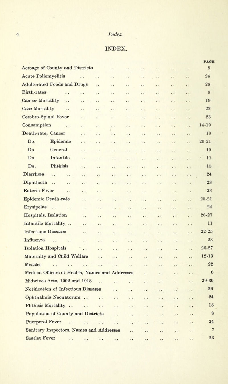 INDEX. PAOK Acreage of County and Districts . . .. . . . . . . . . 8 Acute Poliomyelitis .. . . . . . . . . . . . . . . 24 Adulterated Foods and Drugs . . . . . . . . . . . . . . 28 Birth-rates .. . . . . . . . . . . . . . . . . 9 Cancer Mortality .. .. . . . . . . . . . . . . , . 19 Case Mortality .. .. .. . . . . . . . . . . . . 22 Cerebro-Spinal Fever . . . . . . . . . , . . . . . . 23 Consumption . . . . . . . . . . . . . . . . . . 14-19 •« Death-rate, Cancer .. .. . . . . . . . . . . . . 19 Do. Epidemic . . . . . . . . . . . . . . . . 20-21 Do. General . . . . . . . . . . . . . . . . 10 Do. Infantile . . . . . . . . . . . . . . '11 Do. Phthisis . . . . . . . . . . . . . . . . 15 Diarrhoea . . . . .. . . . . . . . . . . . . . . 24 Diphtheria . . . . . . . . . . . . . . . . . . . . 23 Enteric Fever . . . . . . . . . . . . . . . . . . 23 Epidemic Death-rate . . . . . . . . . . . . . . . . 20-21 Erysipelas . . . . . . . . . . . . . . . . . . . . 24 Hospitals, Isolation . . . . . . . . .. . . . . . . 26-27 Infantile Mortality . . . . .. . . . . . . . . .. .. 11 Infectious Diseases . . .. . . . . .. .. . . . . 22-25 Influenza .. .. .. . . . . . . . . . . . . . . 23 Isolation Hospitals .. .. . . . . . . . . . . . . 26-27 Maternity and Child Welfare .. . . .. . . . . . . . . 12-13 Measles .. .. .. .. .. .. .. . . . . . . 22 Medical Officers of Health, Names and Addresses .. . . . . . . 6 Midwives Acts, 1902 and 1918 .. . . . . . . . . . . .. 29-30 Notification of Infectious Diseases . . . . . . . . . . .. 26 Ophthalmia Neonatorum .. .. .. .. .. .. .. . . 24 Phthisis Mortality .. .. . . . . . . . . . . . . .. 15 Population of County and Districts . . .. . . . . .. . . 8 Puerperal Fever .. .. .. .. .. . . . . .. .. 24 Sanitary Inspectors, Names and Addresses . . . . .. .. .. 7 Scarlet Fever .. .. .. .. .. .. .. .. .. 23