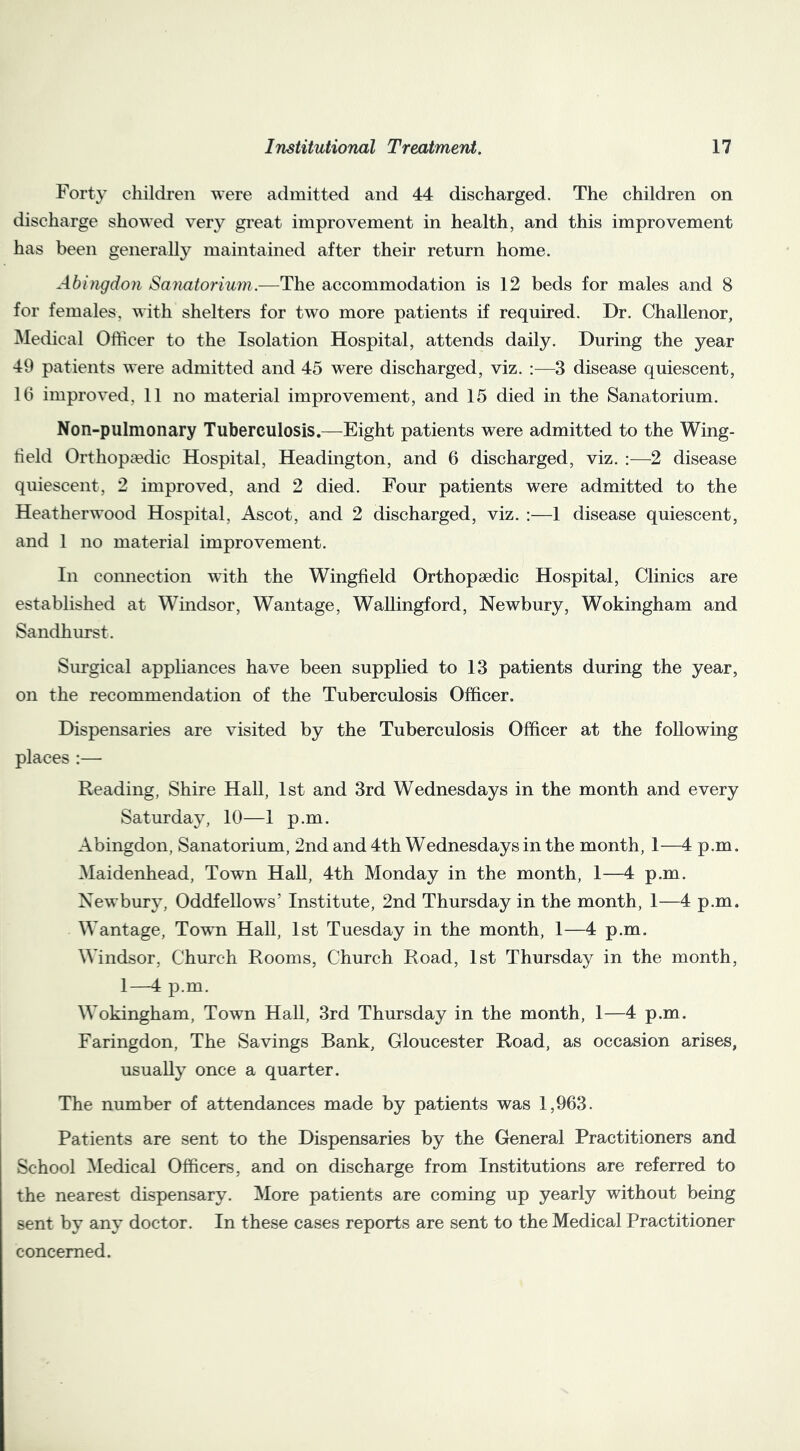 Forty children were admitted and 44 discharged. The children on discharge showed very great improvement in health, and this improvement has been generally maintained after their return home. Ahitigdon Sanatorium.—The accommodation is 12 beds for males and 8 for females, with shelters for two more patients if required. Dr. Challenor, Medical Officer to the Isolation Hospital, attends daily. During the year 49 patients were admitted and 45 w^ere discharged, viz. :—3 disease quiescent, 16 improved, 11 no material improvement, and 15 died in the Sanatorium. Non-pulmonary Tuberculosis.—Eight patients were admitted to the Wing- field Orthopa?dic Hospital, Headington, and 6 discharged, viz. :—2 disease quiescent, 2 improved, and 2 died. Four patients were admitted to the Heatherwood Hospital, Ascot, and 2 discharged, viz. :—1 disease quiescent, and 1 no material improvement. In connection with the Wingfield Orthopaedic Hospital, Clinics are established at Windsor, Wantage, Wallingford, Newbury, Wokingham and Sandhurst. Surgical appliances have been supplied to 13 patients during the year, on the recommendation of the Tuberculosis Officer. Dispensaries are visited by the Tuberculosis Officer at the following places :— Reading, Shire Hall, 1st and 3rd Wednesdays in the month and every Saturday, 10—1 p.m. Abingdon, Sanatorium, 2nd and 4th Wednesdays in the month, 1—4 p.m. Maidenhead, Town HaU, 4th Monday in the month, 1—4 p.m. Newbury, Oddfellows’ Institute, 2nd Thursday in the month, 1—4 p.m. Wantage, Town Hall, 1st Tuesday in the month, 1—4 p.m. Windsor, Church Rooms, Church Road, 1st Thursday in the month, 1—4 p.m. Wokingham, Town Hall, 3rd Thursday in the month, 1—4 p.m. Faringdon, The Savings Bank, Gloucester Road, as occasion arises, usually once a quarter. The number of attendances made by patients was 1,963. Patients are sent to the Dispensaries by the General Practitioners and School Medical Officers, and on discharge from Institutions are referred to the nearest dispensary. More patients are coming up yearly without being sent by any doctor. In these cases reports are sent to the Medical Practitioner concerned.