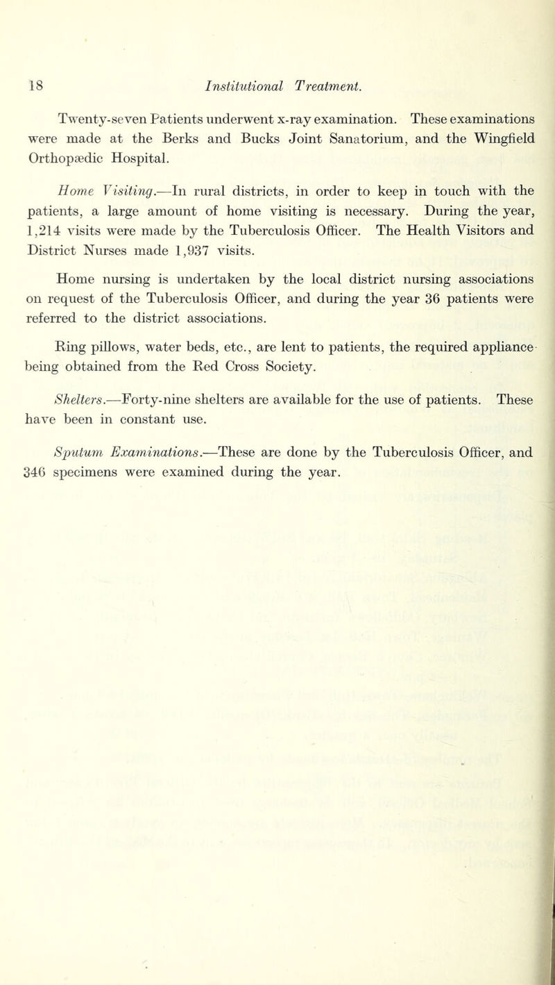 Twenty-seven Patients underwent x-ray examination. These examinations were made at the Berks and Bucks Joint Sanatorium, and the Wingfield Orthopaedic Hospital. Home Visiting.—In rural districts, in order to keep in touch with the patients, a large amount of home visiting is necessary. During the year, 1,214 visits were made by the Tuberculosis Officer. The Health Visitors and District Nurses made 1,937 visits. Home nursing is undertaken by the local district nursing associations on request of the Tuberculosis Officer, and during the year 36 patients were referred to the district associations. Bing pillows, water beds, etc., are lent to patients, the required appliance- being obtained from the Red Cross Society. Shelters.—Forty-nine shelters are available for the use of patients. These have been in constant use. Sputum Examinations.—These are done by the Tuberculosis Officer, and 346 specimens were examined during the year.