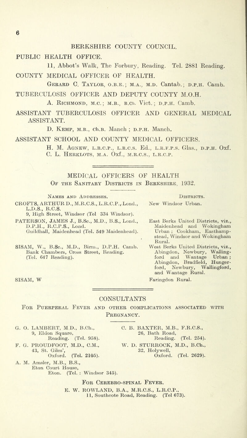 BERKSHIRE COUNTY COUNCIL. PUBLIC HEALTH OFFICE. II, Abbot’s Walk, The Forbury, Reading. Tel. 2881 Reading. COUNTY MEDICAL OFFICER OF HEALTH. Gerard C. Taylor, o.b.e.; m.a., m.d. Cantab.; d.p.h. Camb. TUBERCULOSIS OFFICER AND DEPUTY COUNTY M.O.H. A. Richmond, m.c.; m.b., B.ch. Viet.; d.p.h. Camb. ASSISTANT TUBERCULOSIS OFFICER AND GENERAL MEDICAL ASSISTANT. D. Kemp, m.b., ch.B. Manch ; d.p.h. Manch. ASSISTANT SCHOOL AND COUNTY MEDICAL OFFICERS. H. M. AgNEW, L.R.C.P., L.R.C.S. Ed., L.R.F.P.S. Glas., D.P.H. Oxf. C. L. Herklots, m.a. Oxf., m.r.c.s., l.r.c.p. MEDICAL OFFICERS OF HEALTH Of the Sanitary Districts in Berkshire, 1932. Names and Addresses. Districts. CROFTS, ARTHUR D., M.R.C.S., L.R.C.P.,Lond., L.D.S., R.C.S. 9, High Street, Windsor (Tel 334 Windsor). PATERSON, JAMES J., B.Sc., M.D., B.S., Bond., D.P.H., R.C.P.S., Lond. Giiildhall, Maidenhead (Tel. 549 Maidenhead). SISAM, W., B.Sc., M.D., Birm., D.P.H. Camb. Bank Chambers, Cross Street, Reading. (Tel. 647 Reading). SISAM, W New Windsor Urban. East Berks United Districts, viz., Maidenhead and Wokingham Urban ; Cookham, Easthamp- stead, Windsor and Wokingham Rural. West Berks United Districts, viz., Abingdon, Newbury, Walling- ford and Wantage Urban ; Abingdon, Bradfield, Hunger- ford, Newbury, Wallingford, and Wantage Rural. Faringdon Rural. CONSULTANTS For Puerperal Fever and other complications associated with Pregnancy. G. O. LAMBERT, M.D., B.Ch., 9, Eldon Square, Reading. (Tel. 958). F. G. PROUDFOOT, M.D., C.M., 43, St. Giles’, Oxford. (Tel. 2105). A. M. Amsler, M.B., B.S., Eton Court House, INxm. (Tel. : Windsor 345). C. B. BAXTER, M.B., F.R.C.S., 26, Bath Road, Reading. (Tel. 254). W. D. STURROCK, M.D., B.Ch., 32, Holywell, Oxford. (Tel. 2629). For Cerebro-spinal Fever. E. W. ROWLAND, B.A., M.R.C.S., L.R.C.P., 11, Southcote Road, Reading. (Tel 673).