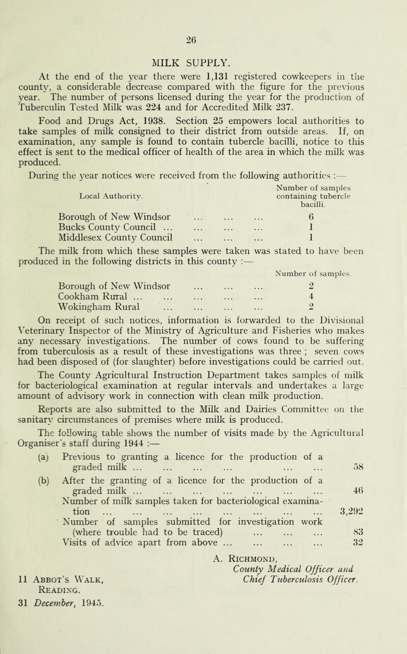 MILK SUPPLY. At the end of the year there were 1,131 registered cowkeepers in the county, a considerable decrease compared with the figure for the previous year. The number of persons licensed during the year for the production of Tuberculin Tested Milk was 224 and for Accredited Milk 237. Food and Drugs Act, 1938. Section 25 empowers local authorities to take samples of milk consigned to their district from outside areas. If, on examination, any sample is found to contain tubercle bacilli, notice to this effect is sent to the medical officer of health of the area in which the milk was produced. During the year notices were received from the following authorities :— Number of samples Local Authority. containing tubercle bacilli. Borough of New Windsor ... 6 Bucks County Council ... ... ... ... 1 Middlesex County Council ... ... ... 1 The milk from which these samples were taken was stated to have been produced in the following districts in this county ::— Number of samples. Borough of New Windsor ... ... ... 2 Cookham RuTal ... ... ... ... ... 4 Wokingham Rural ... ... ... ... 2 On receipt of such notices, information is forwarded to the Divisional Veterinary Inspector of the Ministry of Agriculture and Fisheries who makes any necessary investigations. The number of cows found to be suffering from tuberculosis as a result of these investigations was three ; seven cows had been disposed of (for slaughter) before investigations could be carried out. The County Agricultural Instruction Department takes samples of milk for bacteriological examination at regular intervals and undertakes a large amount of advisory work in connection with clean milk production. Reports are also submitted to the Milk and Dairies Committee on the sanitary circumstances of premises where milk is produced. The following table shows the number of visits made by the Agricultural Organiser’s staff during 1944 :— (a) Previous to granting a licence for the production of a graded milk ... ... ... ... ... ... 58 (b) After the granting of a licence for the production of a graded milk ... ... ... ... ... ... ... 46 Number of milk samples taken for bacteriological examina- tion ... ... ... ... ... ... ... ... 3,292 Number of samples submitted for investigation work (where trouble had to be traced) ... ... ... S3 Visits of advice apart from above ... ... ... ... 32 A. Richmond, County Medical Officer and 11 Abbot’s Walk, Chief Tuberculosis Officer. Reading. 31 December, 1945.