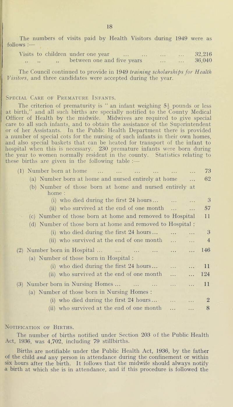 The numbers of visits paid by Health Visitors during 1949 were as follows :— \hsits to children under one year ... ... ... ... 32,216 ,, ,, ,, between one and five years ... ... 36,040 The Council continued to provide in 1949 training scholarships for Health Visitors, and three candidates were accepted during the year. Speci.^l C.are of Premature Infants. The criterion of prematurity is “ an infant weighing pounds or less [ at birth,” and all such births are specially notified to the County Medical Ij Officer of Health by the midwife. Midwives are required to give special ) care to all such infants, and to obtain the assistance of the Superintendent j or of her Assistants. In the Public Health Department there is provided I a number of special cots for the nursing of such infants in their own homes, ; and also special baskets that can be heated for transport of the infant to I hospital when this is necessary. 230 premature infants were born during the year to women normally resident in the county. Statistics relating to these births are given in the following table :— (1) Number born at home ... ... ... ... ... ... 73 (a) Number born at home and nursed entirely at home ... 62 (b) Number of those born at home and nursed entirely at home : (i) who died during the first 24 hours... ... ... 3 (ii) who survived at the end of one month ... ... 57 (c) Number of those born at home and removed to Hospital 11 (d) Number of those born at home and removed to Hospital : (i) who died during the first 24 hours... ... ... 3 (ii) who survived at the end of one month ... ... 4 (2) Number born in Hospital ... ... ... ... ... ... 146 (a) Number of those born in Hospital : (i) who died during the first 24 hours... ... ... 11 (ii) who survived at the end of one month ... ... 124 (3) Number born in Nursing Homes ... ... ... ... ... 11 (a) Number of those born in Nursing Homes : (i) who died during the first 24 hours... ... ... 2 (ii) who survived at the end of one month ... ... 8 Notification of Births. The number of births notified under Section 203 of the Public Health Act, 1936, was 4,702, including 79 stillbirths. Births are notifiable under the Public Health Act, 1936, by the father of the child and any person in attendance during the confinement or within six hours after the birth. It follows that the midwife should always notify 3. birth at which she is in attendance, and if this procedure is followed the