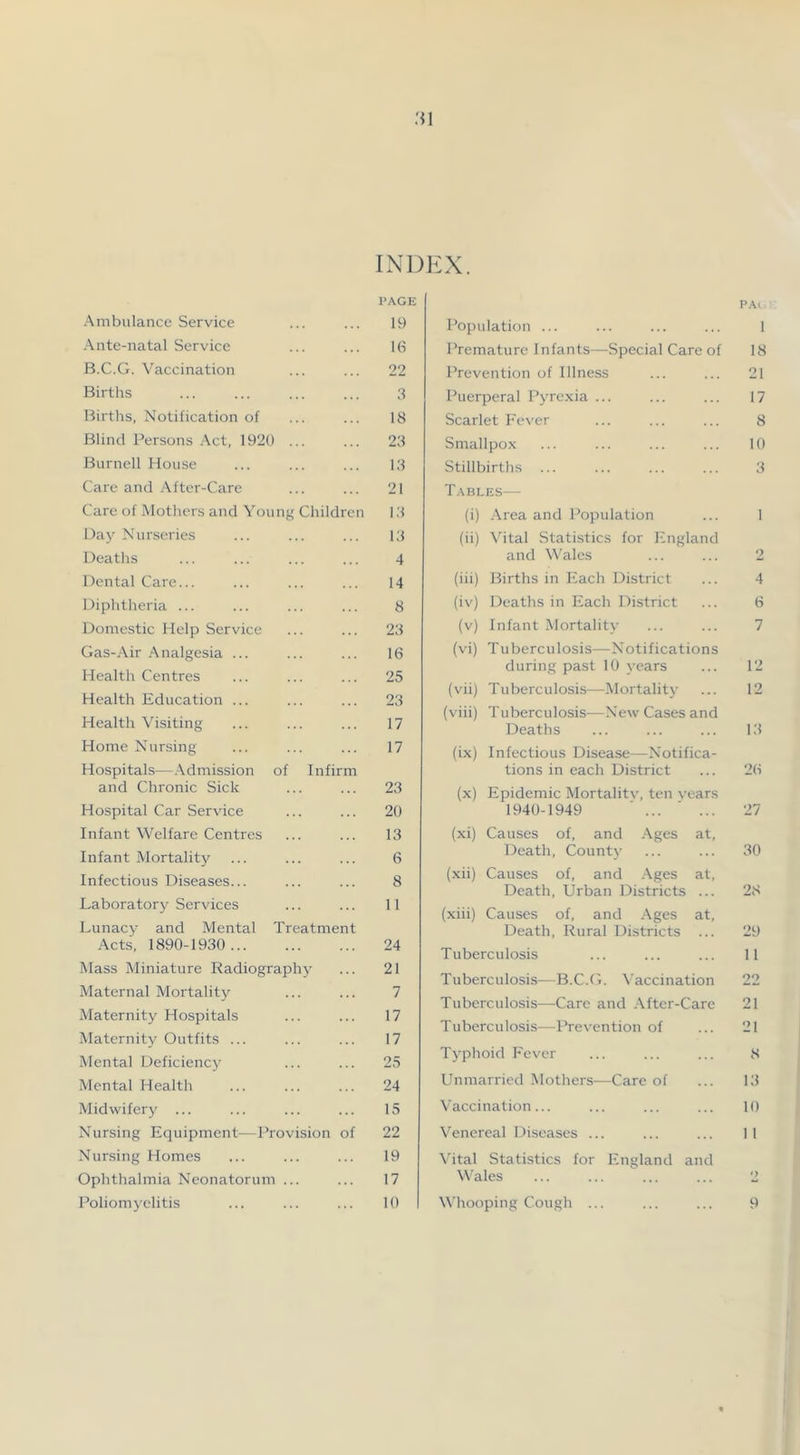 'M INDEX. PAGE Ambulance Service ... ... 19 ■Ante-natal Service ... ... 16 B.C.G. Vaccination ... ... 22 Births 3 Births, Notification of ... ... 18 Blind Persons .Act, 1920 ... ... 23 Burnell House ... ... ... 13 Care and .After-Care ... ... 21 Care of Mothers and \h)ung Children 13 Day Nurseries ... ... ... 13 Deaths ... ... ... ... 4 Dental Care... ... ... ... 14 Diplitheria ... ... ... ... 8 Domestic Help Service ... ... 23 Gas-Air Analgesia ... ... ... 16 Health Centres ... ... ... 25 Health Education ... ... ... 23 Health Visiting ... ... ... 17 Home Nursing ... ... ... 17 Hospitals—.Admission of Infirm and Chronic Sick ... ... 23 Hospital Car Service ... ... 20 Infant Welfare Centres ... ... 13 Infant Mortality ... ... ... 6 Infectious Diseases... ... ... 8 Laboratory Services ... ... 11 Lunacy and Mental Treatment Acts, 1890-1930 24 Mass Miniature Radiography ... 21 Maternal Mortality ... ... 7 Maternity Hospitals ... ... 17 Maternity Outfits ... ... ... 17 Mental Deficiency ... ... 25 Mental Health ... ... ... 24 Midwifery ... ... ... ... 15 Nursing Equipment—Provision of 22 Nursing Homes ... ... ... 19 Ophthalmia Neonatorum ... ... 17 Poliomyelitis ... ... ... 10 PAl, Population ... ... ... ... I Premature Infants—Special Care of 18 Prevention of Illness ... ... 21 Puerperal Pyrexia ... ... ... 17 Scarlet Fe\'er ... ... ... 8 Smallpox ... ... ... ... 10 Stillbirths ... ... ... ... 3 Tables— (i) .Area and Population ... 1 (ii) \htal Statistics for England and Wales ... ... 2 (iii) Births in Each District ... 4 (iv) Deaths in Each District ... 6 (v) Infant Mortality ... ... 7 (vi) Tuberculosis—Notifications during past 10 years ... 12 (vii) Tuberculosis—Mortality ... 12 (viii) Tuberculosis—New Cases and Deaths ... ... ... 13 (ix) Infectious Disease—Notifica- tions in each District ... 26 (x) Epidemic Mortalitv, ten vears 1940-1949 ■ ... ■ ... 27 (xi) Causes of, and -Ages at. Death, County ... ... 30 (xii) Causes of, and -Ages at. Death, Urban Districts ... 28 (xiii) Causes of, and .Ages at. Death, Rural Districts ... 29 Tuberculosis ... ... ... 11 Tuberculosis—B.C.f.I. A'accination 22 Tuberculosis—Care and .After-Care 21 Tuberculosis—Prevention of ... 21 Typhoid Fever ... ... ... 8 Unmarried Mothers—Care of ... 13 Vaccination... ... ... ... 10 A'^enereal Diseases ... ... ... 11 A’ital Statistics for England and Wales ... ... ... ... 2 Whooping Cough ... ... ... 9