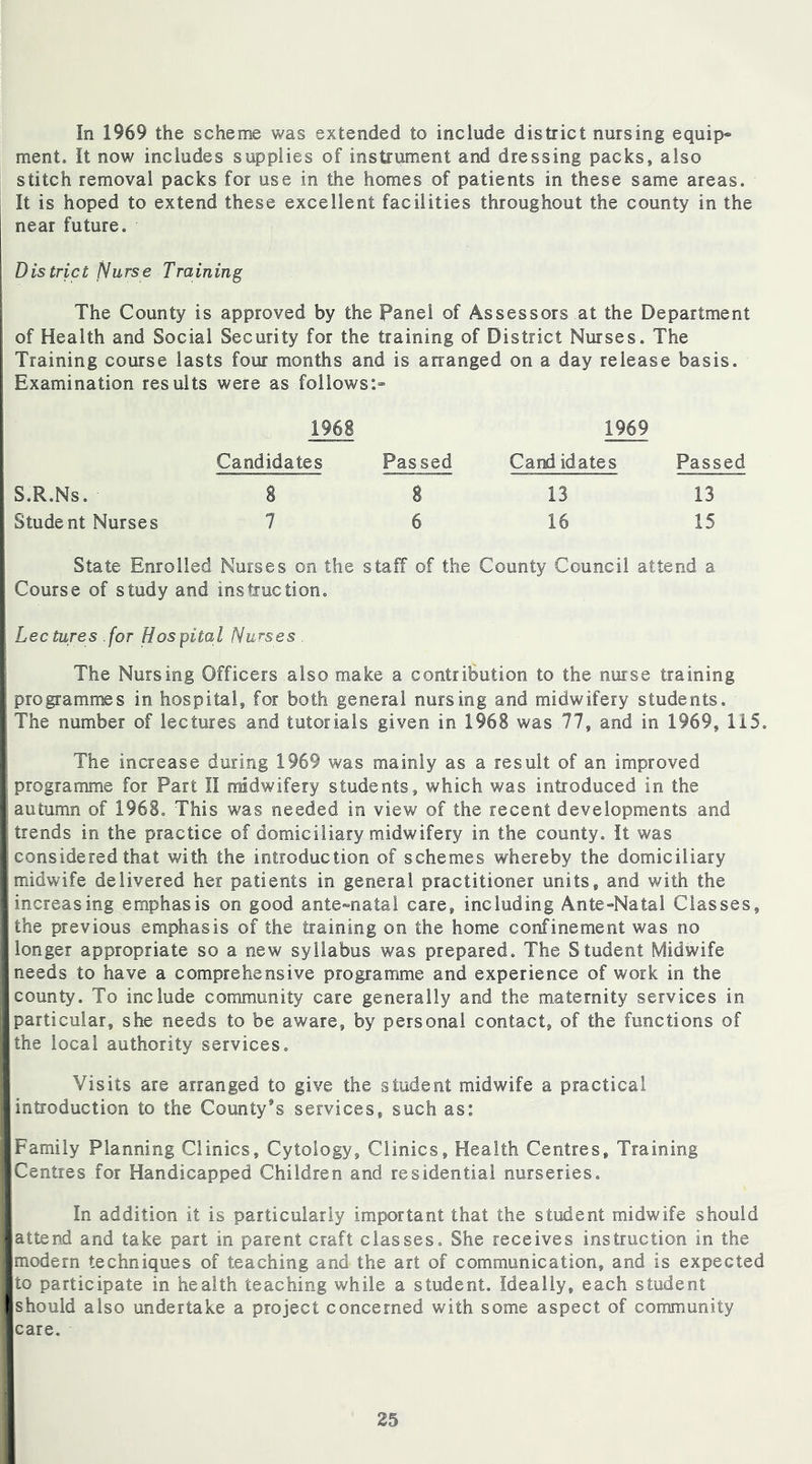 In 1969 the scheme was extended to include district nursing equip* ment. It now includes supplies of instrument and dressing packs, also stitch removal packs for use in the homes of patients in these same areas. It is hoped to extend these excellent facilities throughout the county in the near future. Dis trict Nurse Training The County is approved by the Panel of Assessors at the Department of Health and Social Security for the training of District Nurses. The Training course lasts four months and is arranged on a day release basis. Examination results were as follows:* 1968 1969 Candidates Passed Card id ate s Passed S.R.Ns. S 8 13 13 Student Nurses 7 6 16 15 State Enrolled Nurses on the staff of the County Council attend a Course of study and instruction. Lectures for Hospital Nurses The Nursing Officers also make a contribution to the nurse training I programmes in hospital, for both general nursing and midwifery students. I The number of lectures and tutorials given in 1968 was 77, and in 1969, 115. The increase during 1969 was mainly as a result of an improved I programme for Part II midwifery students, which was introduced in the I autumn of 1968. This was needed in view of the recent developments and I trends in the practice of domiciliary midwifery in the county, it was I considered that with the introduction of schemes whereby the domiciliary I midwife delivered her patients in general practitioner units, and with the [increasing emphasis on good ante-natal care, including Ante-Natal Classes, [ the previous emphasis of the training on the home confinement was no I longer appropriate so a new syllabus was prepared. The Student Midwife I needs to have a comprehensive programme and experience of work in the [county. To include community care generally and the maternity services in [particular, she needs to be aware, by personal contact, of the functions of Ithe local authority services. Visits are arranged to give the student midwife a practical I introduction to the County*s services, such as: ■ Family Planning Clinics, Cytology, Clinics, Health Centres, Training ■ Centres for Handicapped Children and residential nurseries. In addition it is particularly important that the student midwife should ■ attend and take part in parent craft classes. She receives instruction in the ■modern techniques of teaching and the art of communication, and is expected ■to participate in health teaching while a student. Ideally, each student ■ should also undertake a project concerned with some aspect of community scare.
