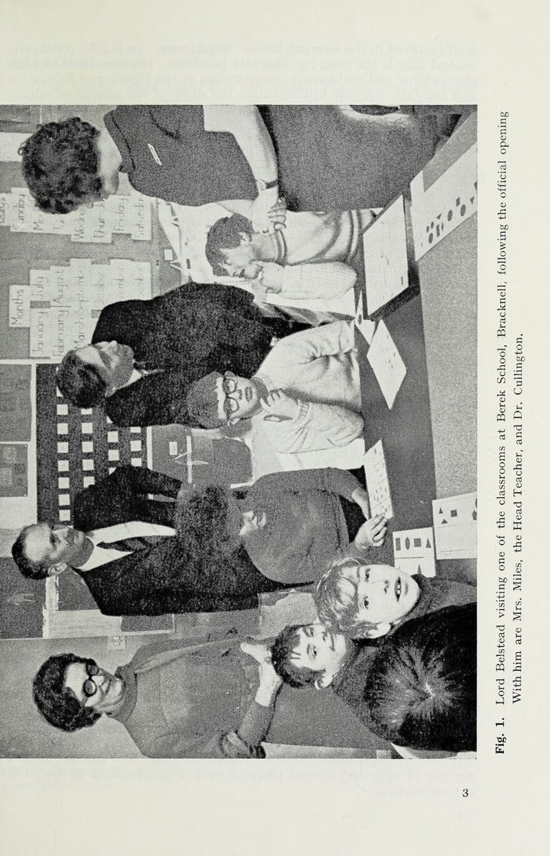 Lord Belstead visiting one of the classrooms at Berek School, Bracknell, following the official openin, With him are Mrs. Miles, the Head Teacher, and Dr. Cullington.