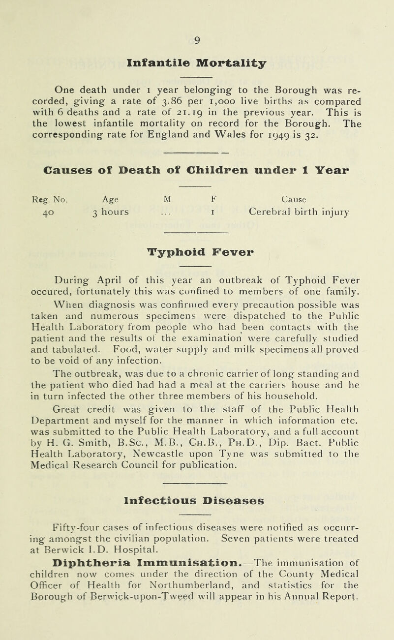 Infantile Mortality One death under i year belonging to the Borough was re- corded, giving a rate of 3.86 per 1,000 live births as compared with 6 deaths and a rate of 21.19 l^he previous year. This is the lowest infantile mortality on record for the Borough. The corresponding rate for England and Wales for 1949 is 32. Causes of Death of Children under 1 Year Reg. No. Age M F Cause 40 3 hours ... I Cerebral birth injury Typhoid Fever During April of this year an outbreak of Typhoid Fever occured, fortunately this was confined to members of one family. When diagnosis was confirmed every precaution possible was taken and numerous specimens were dispatched to the Public Health Laboratory from people who had been contacts with the patient and the results of the examination were carefully studied and tabulated. Food, water supply and milk specimens all proved to be void of any infection. The outbreak, was due to a chronic carrier of long standing and the patient who died had had a meal at the carriers house and he in turn infected the other three members of his household. Great credit was given to the staff of the Public Health Department and myself for the manner in which information etc. was submitted to the Public Health Laboratory, and a full account by H. G. Smith, B.Sc., M.B., Ch.B., Ph.D., Dip. Bact. Public Health Laboratory, Newcastle upon Tyne was submitted to the Medical Research Council for publication. Infectious Diseases Fifty-four cases of infectious diseases were notified as occurr- ing amongst the civilian population. Seven patients were treated at Berwick I.D. Hospital. Diplitlieria Immunisation.—The immunisation of children now comes under the direction of the County Medical Officer of Health for Northumberland, and statistics for the Borough of Berwick-upon-Tweed will appear in his Annual Report.