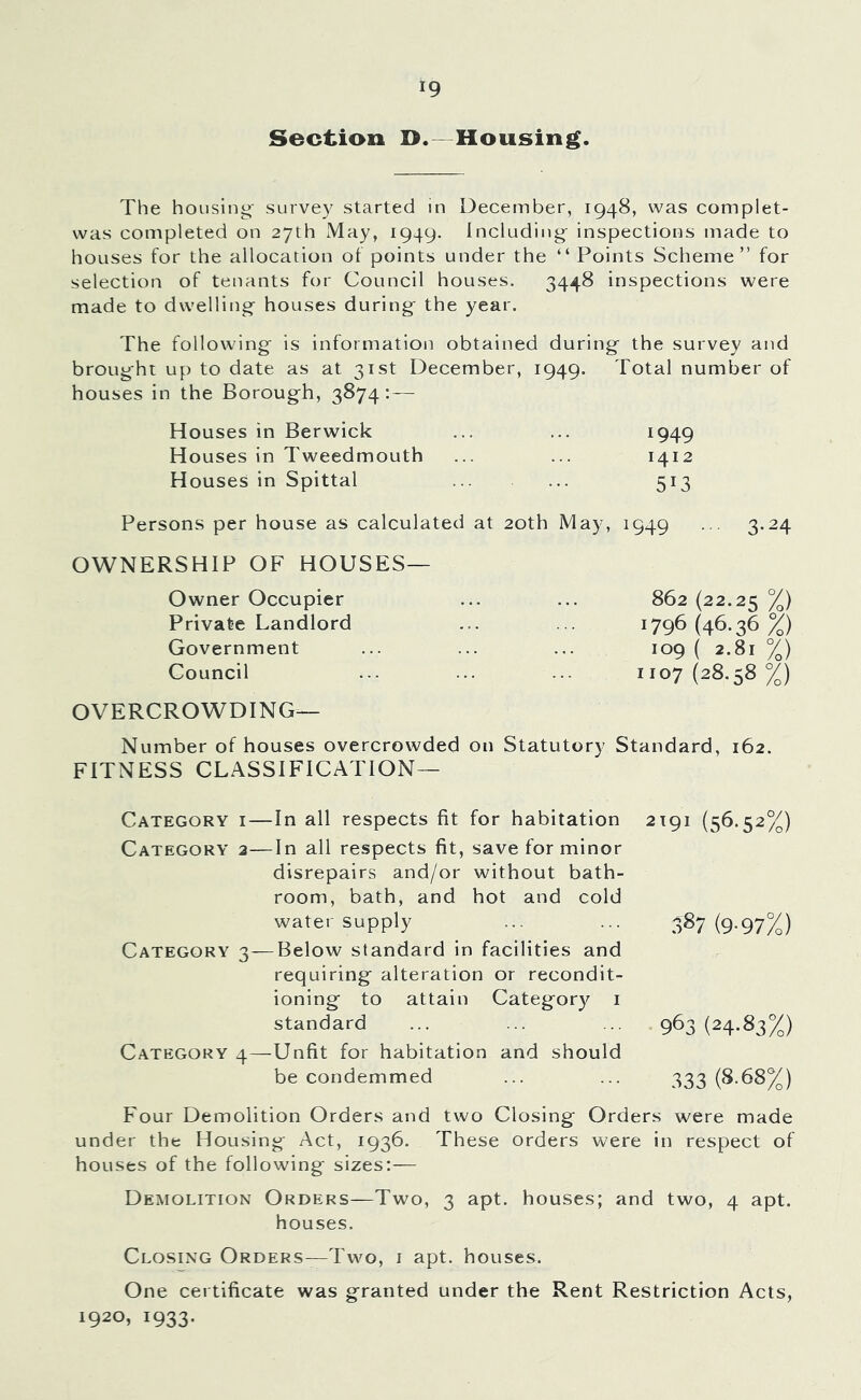 Section D. Housing. The housing' survey started in December, 1948, was complet- was completed on 27th May, 1949. Including^ inspections made to houses for the allocation of points under the “ Points Scheme” for selection of tenants for Council houses. 3448 inspections were made to dwelling houses during the year. The following is information obtained during the survey and brought up to date as at 31st December, 1949. Total number of houses in the Borough, 3874: — Houses in Berwick ... ... ^949 Houses in Tweedmouth ... ... 1412 Houses in Spittal 513 Persons per house as calculated at 20th May, 1949 ... 3*24 OWNERSHIP OF HOUSES— Owner Occupier Private Landlord Government Council OVERCROWDING— Number of houses overcrowded on Statutory Standard, 162. FITNESS CLASSIFICATION— /of 1796 (46.36 X) .09 (2.81 %) 1107 (28. ::8 Category i—In all respects fit for habitation Category 2—In all respects fit, save for minor disrepairs and/or without bath- room, bath, and hot and cold water supply Category 3—Below standard in facilities and requiring alteration or recondit- ioning to attain Category i standard Category 4—Unfit for habitation and should be condemmed 2'9> (56.52%) .387 (9-97%) 963 (24.83%) .333 (8.68%) Four Demolition Orders and two Closing Orders were made under the Housing Act, 1936. These orders were in respect of houses of the following sizes:— Demolition Orders—Two, 3 apt. houses; and two, 4 apt. houses. Closing Orders—Two, i apt. houses. One certificate was granted under the Rent Restriction Acts, 1920, 1933.