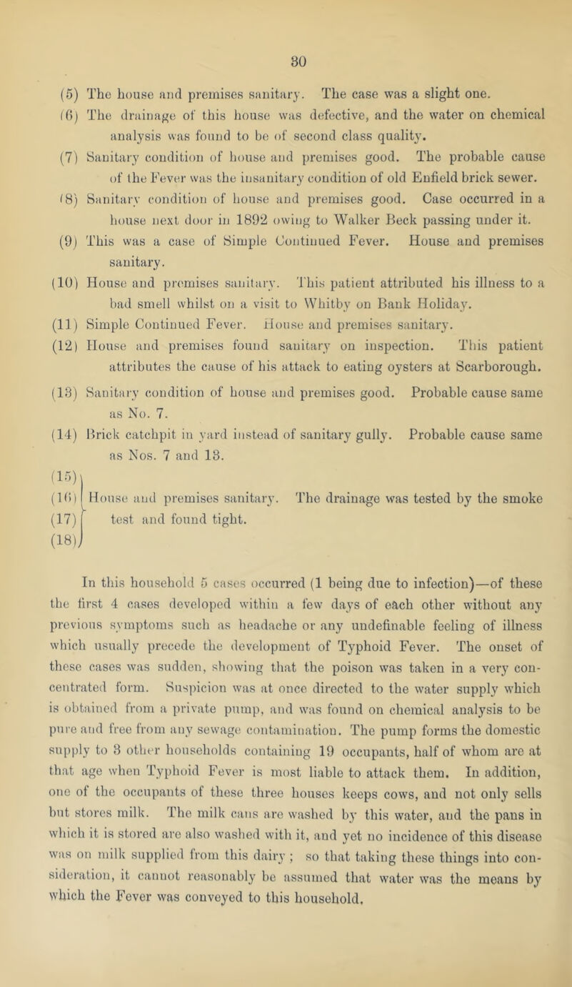 (5) Tho house and premises sanitary. The case was a slight one. (0) The drainage of this house was defective, and the water on chemical analysis was found to be of second class quality. (7) Sanitary condition of house and premises good. The probable cause of ihe h’evei' was the insanitary condition of old Enfield brick sewer. (8) Sanitary condition of house and premises good. Case occurred in a house next door in 1892 owing to Walker Beck passing under it. (9j This was a case of Simple Continued Fever. House and premises sanitary. (10) House and premises sanitary. 'I'his patient attributed his illness to a bad smell whilst on a visit to Whitby on Bank Holiday. (11) Simple Continued Fever. House and premises sanitary. (12) House and premises found sanitary on inspection. This patient attributes the cause of his attack to eating oysters at Scarborough. (13) Sanitary condition of house and premises good. Probable cause same as No. 7. (14) Brick catchpit in yard instead of sanitary gully. Probable cause same as Nos. 7 and 18. (Hi) (17) ' (18) j House and premises sanitary, test and found tight. The drainage was tested by the smoke In this household 5 cases occurred (1 being due to infection)—of these the first 4 cases developed within a few days of each other without any previous symptoms such as headache or any undefinable feeling of illness which usually precede the development of Typhoid Fever. The onset of these cases was sudden, showing that the poison was taken in a very con- centrated form. Suspicion was at once directed to the water supply which is obtained from a private pump, and was found on chemical analysis to be pure and free from any sewage contamination. The pump forms the domestic supply to 3 other households containing 19 occupants, half of whom arc at that age when Typhoid Fever is most liable to attack them. In addition, one ot the occupants of these three houses keeps cows, and not only sells hut stores milk. The milk cans are washed by this water, and the pans in which it is stored are also washed with it, and yet no incidence of this disease was on milk supplied irom this dairy ; so that taking these things into con- sideration, it cannot reasonably' be assumed that water was the means by which the Fever was conveyed to this household.