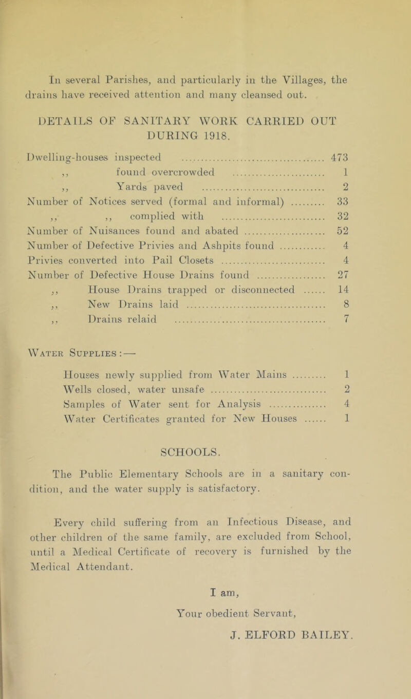 Ill several Parislies, and particularly in the Villages, the drains have received attention and many cleansed out. DETAILS OF SANITAKY WORK CARRIED OUT DURING 1918. Dwelling-houses inspected 473 ,, found overcrowded 1 ,, Yards paved 2 Number of Notices served (formal and informal) 33 ,, ,, complied with 32 Number of Nuisances found and abated 52 Number of Defective Privies and Ashpits found 4 Privies converted into Pail Closets 4 Number of Defective House Drains found 27 ,, House Drains trapped or disconnected 14 ,, New Drains laid 8 ,, Drains relaid 7 Water Supplies: — Houses newly supplied from Water Mains 1 Wells closed, water unsafe 2 Samples of Water sent for Analysis 4 Water Certificates granted for New Houses 1 SCHOOLS. The Public Elementary Schools are in a sanitary con- dition, and the water supply is satisfactory. Every child suffering from an Infectious Disease, and other children of the saine family, are excluded from School, until a Medical Certificate of recovery is furnished by the Medical Attendant. I am. Your obedient Servant, J. ELFORD BAILEY.