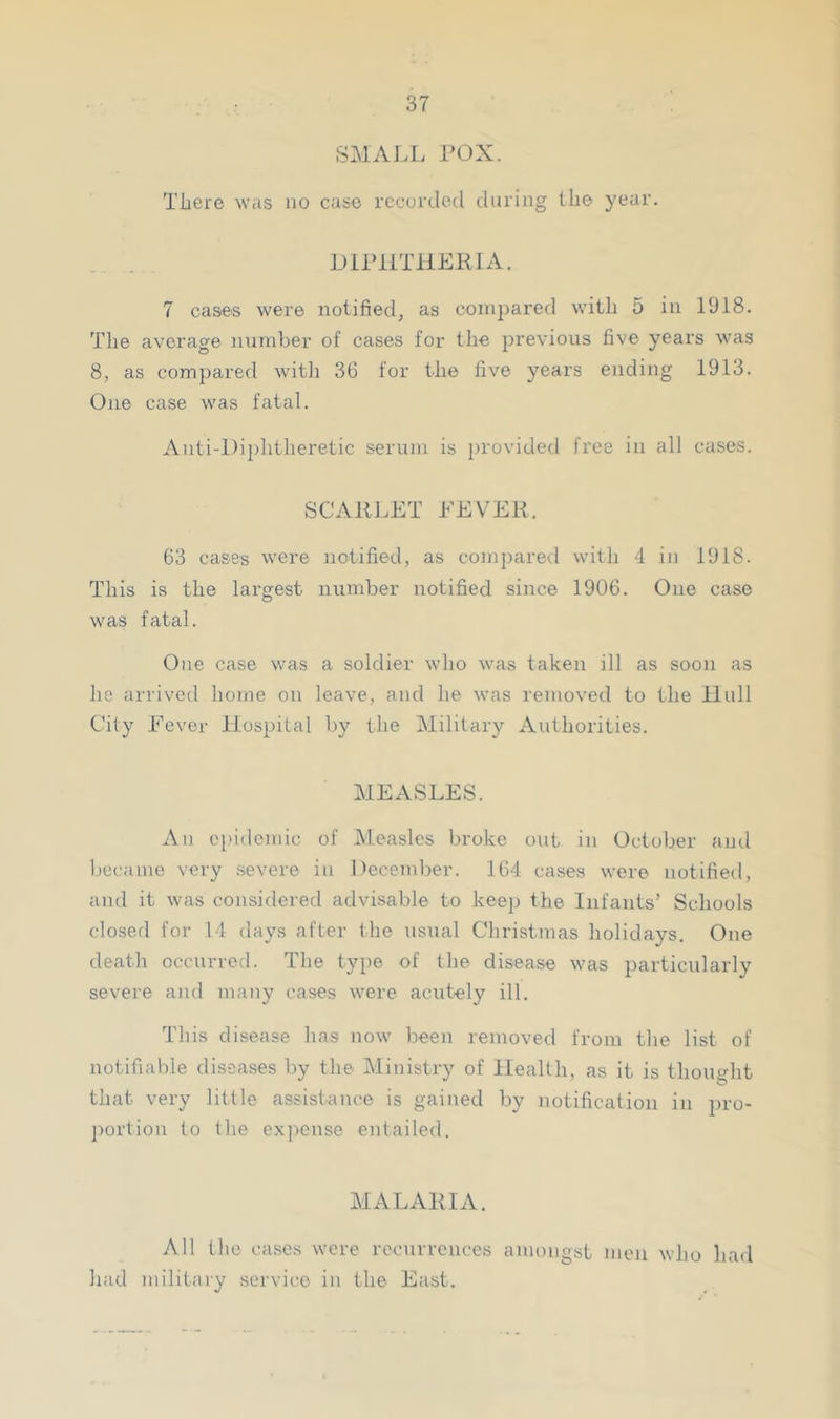 SMALL rOX. Tiiere was no case recorded during the year. LirilTllERlA. 7 cases were notified, as compared with 5 in 1918. The average number of cases for the previous five years was 8, as compared witli 36 for the five years ending 1913. One case was fatal. Anti-Diphtheretic serum is i)rovided free in all cases. SCARLET EEVER. 63 cases were notified, as compared with 4 in 1918. This is the largest number notified since 1906. One case was fatal. One case was a soldier who was taken ill as soon as he arrived home on leave, and lie was removed to the Hull City Fever Hospital by the Military Authorities. MEASLES. An epidemic of IMeasles broke out in October anti l)e('aine very severe in December. 164 cases were notified, and it was considered advisable to keej) the Infants’ Schools closetl for 14 days after the usual Christmas holidays. One death occurred. The type of the disease was particularly severe and many cases were acut-ely ill. This disease has now been removed from the list of notifiable diseases by the Ministry of Health, as it is thought that very little assistance is gained by notification in pro- })ortiou to the expense entailed. MALARIA. All the cases were recurrences amongst men who had had military service in the East.