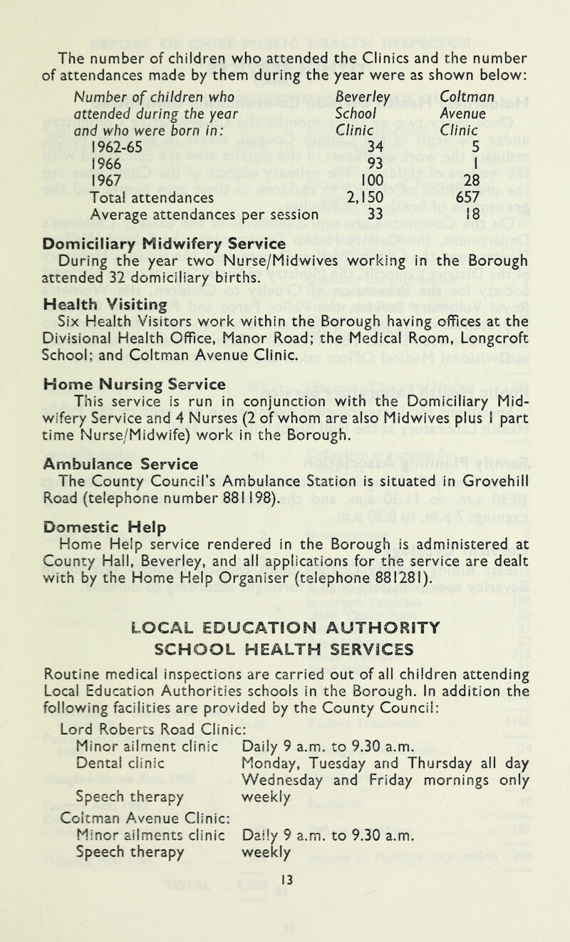 The number of children who attended the Clinics and the number of attendances made by them during the year were as shown below: Number of children who Beverley Coltman attended during the year School Avenue and who were born in: Clinic Clinic 1962-65 34 5 1966 93 1 1967 100 28 Total attendances 2,150 657 Average attendances per session 33 18 Domiciliary Midwifery Service During the year two Nurse/Midwives working in the Borough attended 32 domiciliary births. Health Visiting Six Health Visitors work within the Borough having offices at the Divisional Health Office, Manor Road; the Medical Room, Longcroft School; and Coltman Avenue Clinic. Home Nursing Service This service is run in conjunction with the Domiciliary Mid- wifery Service and 4 Nurses (2 of whom are also Midwives plus I part time Nurse/Midwife) work in the Borough. Ambulance Service The County Council’s Ambulance Station is situated in Grovehill Road (telephone number 881198). Domestic Help Home Help service rendered in the Borough is administered at County Hail, Beverley, and all applications for the service are dealt with by the Hom.e Help Organiser (telephone 881281). LOCAL EDUCATION AUTHORITY SCHOOL HEALTH SERVICES Routine m.edical inspections are carried out of all children attending Local Education Authorities schools in the Borough. In addition the following facilities are provided by the County Council: Lord Roberts Road Clinic: Minor ailment clinic Daily 9 a.m. to 9.30 a.m. Dental clinic Monday, Tuesday and Thursday all day Wednesday and Friday mornings only Speech therapy weekly Coltman Avenue Clinic: Minor ailments clinic Daily 9 a.m. to 9.30 a.m. Speech therapy weekly