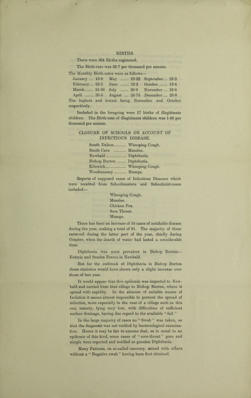 BIETHS. There were 264 Births registered. The Birth-rate was 22-7 per thousand per annum. The Monthly Birth-rates were as follows— January ... 13'8 May 23-32 September... 23-2 February... 22 6 June 22-3 October 13-4 March 24-38 July 20-6 November... 336 April 26-5 August ... 26-75 December... 26-8 The highest and lowest being November and October respectively. Included in the foregoing were 17 births of illegitimate children. The Birth-rate of illegitimate children was 1-46 per thousand per annum. CLOSUBE OF SCHOOLS ON ACCOUNT OF INFECTIOUS DISEASE. South Dalton Whooping Cough. South Cave Measles. Newbald Diphtheria. Bishop Burton Diphtheria. Kilnwick Whooping Cough. Woodmansey Mumps. Reports of supposed cases of Infectious Diseases which were received from Schoolmasters and Schoolmistresses included— Whooping Cough. Measles. Chicken Pox. Sore Throat. Mumps. There has been an increase of 54 cases of notifiable disease during the year, making a total of 91. The majority of these occurred during the latter part of the year, chiefly during October, when the dearth of water had lasted a considerable time. Diphtheria w’as most prevalent in Bishop Burton— Enteric and Scarlet Fevers in Newbald. But for the outbreak of Diphtheria in Bishop Burton these statistics would have shown only a slight increase over those of last year. It would appear that this epidemic was imported to New- bald and carried from that village to Bishop Burton, where it spread with rapidity. In the absence of suitable means of Isolation it seems almost impossible to prevent the spread of infection, more especially in the case of a village such as this one, namely, lying very low, with difficulties of sufficient surface drainage, having due regard to the available “ fall.” In the large majority of cases no “ Swab” was taken, so that the diagnosis was not verified by bacteriological examina- tion. Hence it may be fair to assume that, as is usual in an epidemic of this kind, some cases of “sore-throat” pure and simple were reported and notified as genuine Diphtheria. Many Patients, on so-called recovery, mixed with others without a “ Negative swab ” having been first obtained.