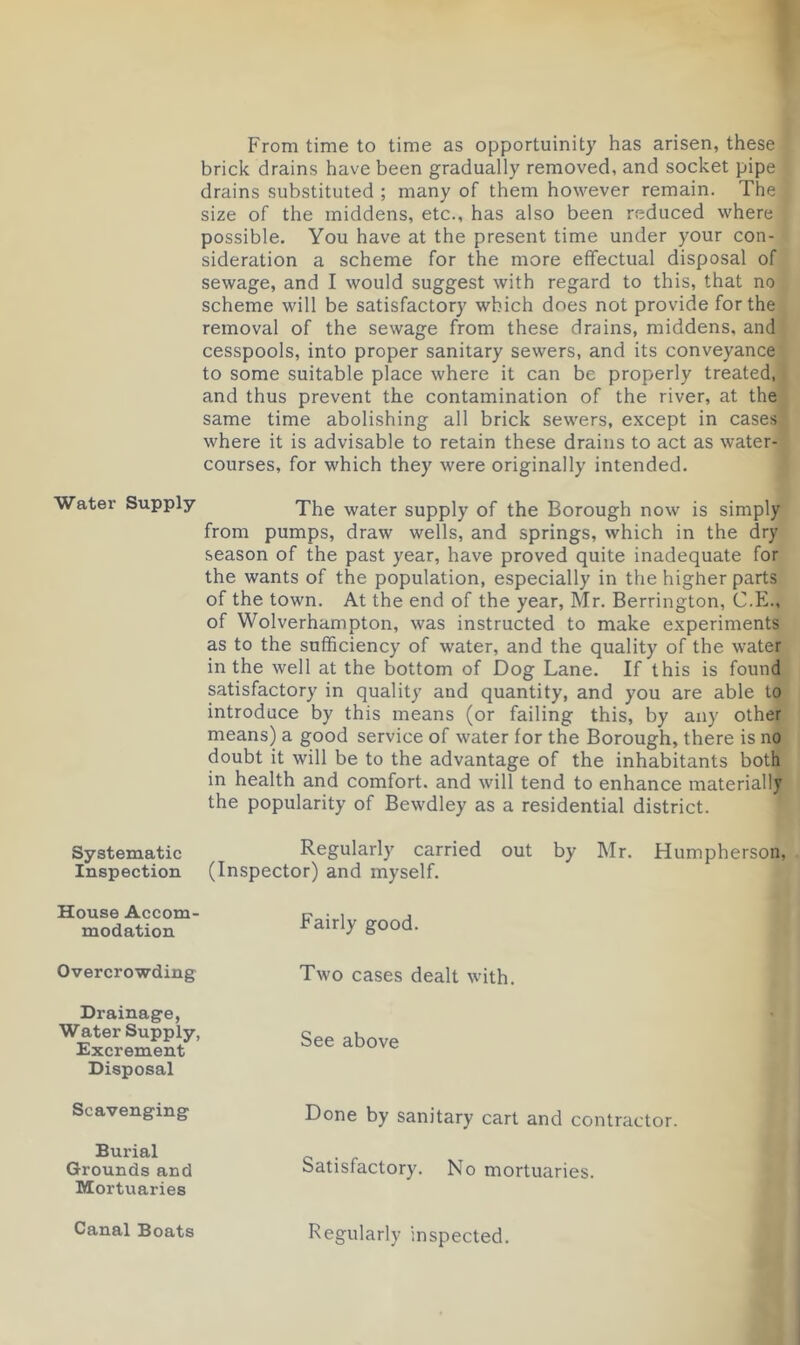 Water Supply- Systematic Inspection House Accom- modation Overcro-wding Drainage, Water Supply, Excrement Disposal Scavenging Burial Grounds and Mortuaries From time to time as opportuinity has arisen, these brick drains have been gradually removed, and socket pipe drains substituted ; many of them however remain. The size of the middens, etc., has also been reduced where possible. You have at the present time under your con- sideration a scheme for the more effectual disposal of sewage, and I would suggest with regard to this, that no scheme will be satisfactory which does not provide for the removal of the sewage from these drains, middens, and cesspools, into proper sanitary sewers, and its conveyance to some suitable place where it can be properly treated, and thus prevent the contamination of the river, at the same time abolishing all brick sewers, except in cases where it is advisable to retain these drains to act as water- courses, for which they were originally intended. The water supply of the Borough now is simply from pumps, draw wells, and springs, which in the dry season of the past year, have proved quite inadequate for the wants of the population, especially in the higher parts of the town. At the end of the year, Mr. Berrington, C.E., of Wolverhampton, was instructed to make experiments as to the sufficiency of water, and the quality of the water in the well at the bottom of Dog Lane. If this is found satisfactory in quality and quantity, and you are able to introduce by this means (or failing this, by any other means) a good service of water for the Borough, there is no doubt it will be to the advantage of the inhabitants both in health and comfort, and will tend to enhance materially the popularity of Bewdley as a residential district. Regularly carried out by Mr. Humpherson, (Inspector) and myself. Fairly good. Two cases dealt with. See above Done by sanitary cart and contractor. Satisfactory. No mortuaries. Regularly inspected. Canal Boats