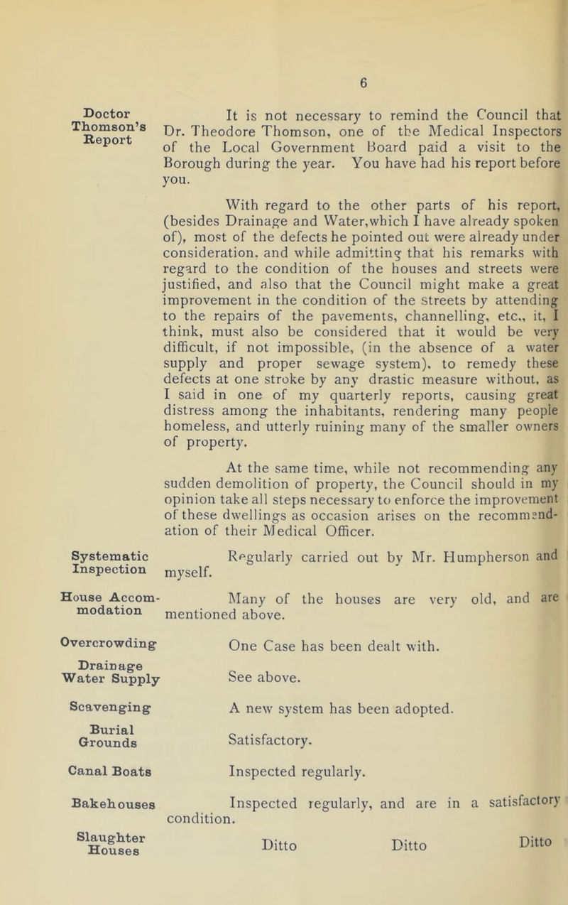 It is not necessary to remind the Council that Dr. Theodore Thomson, one of the Medical Inspectors of the Local Government Board paid a visit to the Borough during the year. You have had his report before you. With regard to the other parts of his report, (besides Drainage and Water,which I have already spoken of), most of the defects he pointed out were already under consideration, and while admitting that his remarks with regard to the condition of the houses and streets were justified, and also that the Council might make a great improvement in the condition of the streets by attending to the repairs of the pavements, channelling, etc,, it, I think, must also be considered that it would be very difficult, if not impossible, (in the absence of a water supply and proper sewage system), to remedy these defects at one stroke by an}’ drastic measure without, as I said in one of my quarterly reports, causing great distress among the inhabitants, rendering many people homeless, and utterly ruining many of the smaller owners of property. At the same time, while not recommending any sudden demolition of property, the Council should in my opinion take all steps necessary to enforce the improvement of these dwellings as occasion arises on the recommend- ation of their Medical Officer. Systematic Regularly carried out by Mr. Humpherson and Inspection myself. House Accom- Many of the houses are very old, and are modation mentioned above. Doctor Thomson’s Report Overcrowding Drainage Water Supply Scavenging Burial Grounds One Case has been dealt with. See above. A new system has been adopted. Satisfactory. Canal Boats Inspected regularly. Bakehouses Inspected regularly, and are in a satisfactory condition. Slaughter Houses Ditto Ditto Ditto