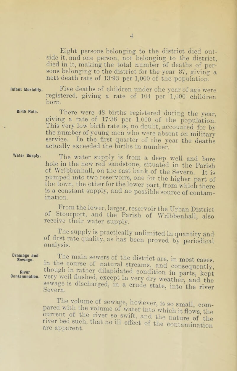 Eight persons belonging to the district died out- side it, and one person, not belonging to the district, died in it, making the total number of deaths of per- sons belonging to the district for tlie year 37, giving a nett death rate of ]3‘93 per 1,000 of the population. Infant Mortality. Five deaths of children under one year of age were registered, giving a rate of 104 perl,()00 children born. There were 48 births registered during the year, giving a rate of 17'36 per 1,000 of the population.’ This very low birth rate is, no doubt, accounted for by the num.ber of young men who were absent on military service. In the first quarter of the year the deaths actually exceeded the births in number. Tlie water supply is from a deep well and bore hole in the new red sandstone, situated in the Parish of Wribbenhall, on the east bank of the Severn. Itis pumped into two reservoirs, one for the higher part of the town, the other for the lower part, fronmvhich there is a constant supply, and no possible source of contam- ination. I'rom the lower, larger, reservoir the Urban District of Stourport, ami the Parish of Wribbenhall, also receive their water supply. f ip pi’i^cticall)'’ imlimited in quantity and of first late quality, as has been proved bv periodical analysis. . .Tlie main sewers of the district are, in most cases, in the course of ncWural streams, and consequentlv. River tliougli in lather dilapidated condition in parts kept Contamination. Very well flushed, except in verv drv weathea- and the sewage IS discharged, in a crude state, into’the river bevern. v. Tlie volume of sewage, howevei-, is so small onm pared with the volume of water into which it flows X curreut of the river so swift, and the nature of t e river bed such, that no ill elfect of the ooiitaiiiination are apparent. ^'-maminauon