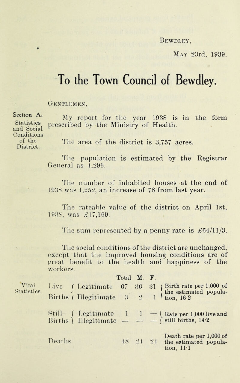 Bewdley. Section A. Statistics and Social Conditions of the District. Vital Statistics. May 23rd, 1939. To the Town Council of Bewdley. CIentlemen, report for the year 1938 is in the form prescribed by the Ministry of Health. d'he area of the district is 3,757 acres. The population is estimated by the Registrar General as 4,296. The number of inhabited houses .at the end of 1938 was 1,252, an increase of 78 from last year. The rateable value of the district on April 1st, 1938, was £17,169. The sum represented by a penny rate is £64/11/3. The social conditions of the district are unchanged, except that tlie improved housing conditions are of great benefit to the health and happiness of the workers. Total Live ( Legitimate 67 Birtlis ( Illegitimate 3 Rtill ( l.egitimate 1 Births ( Illegitimate — M. F. 36 31 I Birth rate per 1,000 of \ the estimated popula- 2 1 * tion, 16 2 1 — 1 Rate per 1,000 live and — — j still births, 14*2 Dearlis Death rate per 1,000 of 48 24 24 the estimated popula- tion, 11*1