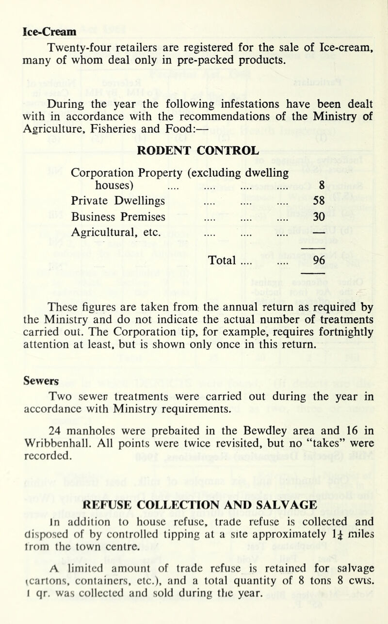 Ice-Cream Twenty-four retailers are registered for the sale of Ice-cream, many of whom deal only in pre-packed products. During the year the following infestations have been dealt with in accordance with the recommendations of the Ministry of Agriculture. Fisheries and Food:— RODENT CONTROL Corporation Property (excluding dwelling houses) 8 Private Dwellings 58 Business Premises 30 Agricultural, etc. — Total .... .... 96 These figures are taken from the annual return as required by the Ministry and do not indicate the actual number of treatments carried out. The Corporation tip, for example, requires fortnightly attention at least, but is shown only once in this return. Sewers Two sewer treatments were carried out during the year in accordance with Ministry requirements. 24 manholes were prebaited in the Bewdley area and 16 in Wribbenhall. All points were twice revisited, but no “takes” were recorded. REFUSE COLLECTION AND SALVAGE In addition to house refuse, trade refuse is collected and disposed of by controlled tipping at a site approximately miles irom the town centre. A limited amount of trade refuse is retained for salvage icartons, containers, etc.), and a total quantity of 8 tons 8 cwis. I qr. was collected and sold during the year.