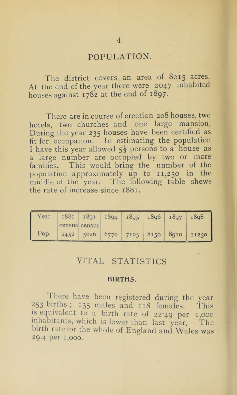 POPULATION. The district covers an area of 8015 acres. At the end of the year there were 2047 inhabited houses against 1782 at the end of 1897* There are in course of erection 208 houses, two hotels, two churches and one large mansion. During the year 235 houses have been certified as ht for occupation. In estimating the population I have this year allowed 5J persons to a house as a large number are occupied by two or more families. This would bring the number of the population approximately up to 11,250 in the middle of the year. The following table shews the rate of increase since 1881. Year 1881 census 1891 census 0 00 1895 1896 1897 1898 Pop. 2452 5026 6770 7105 8150 8910 11250 VITAL STATISTICS BIRTHS. There have been registered during the year 253 births ; 135 males and 118 females. This is equivalent to a birth rate of 22^49 per 1,000 inhabitants, which is lower than last year. The birth rate for the whole of England and Wales was 29.4 per 1,000.