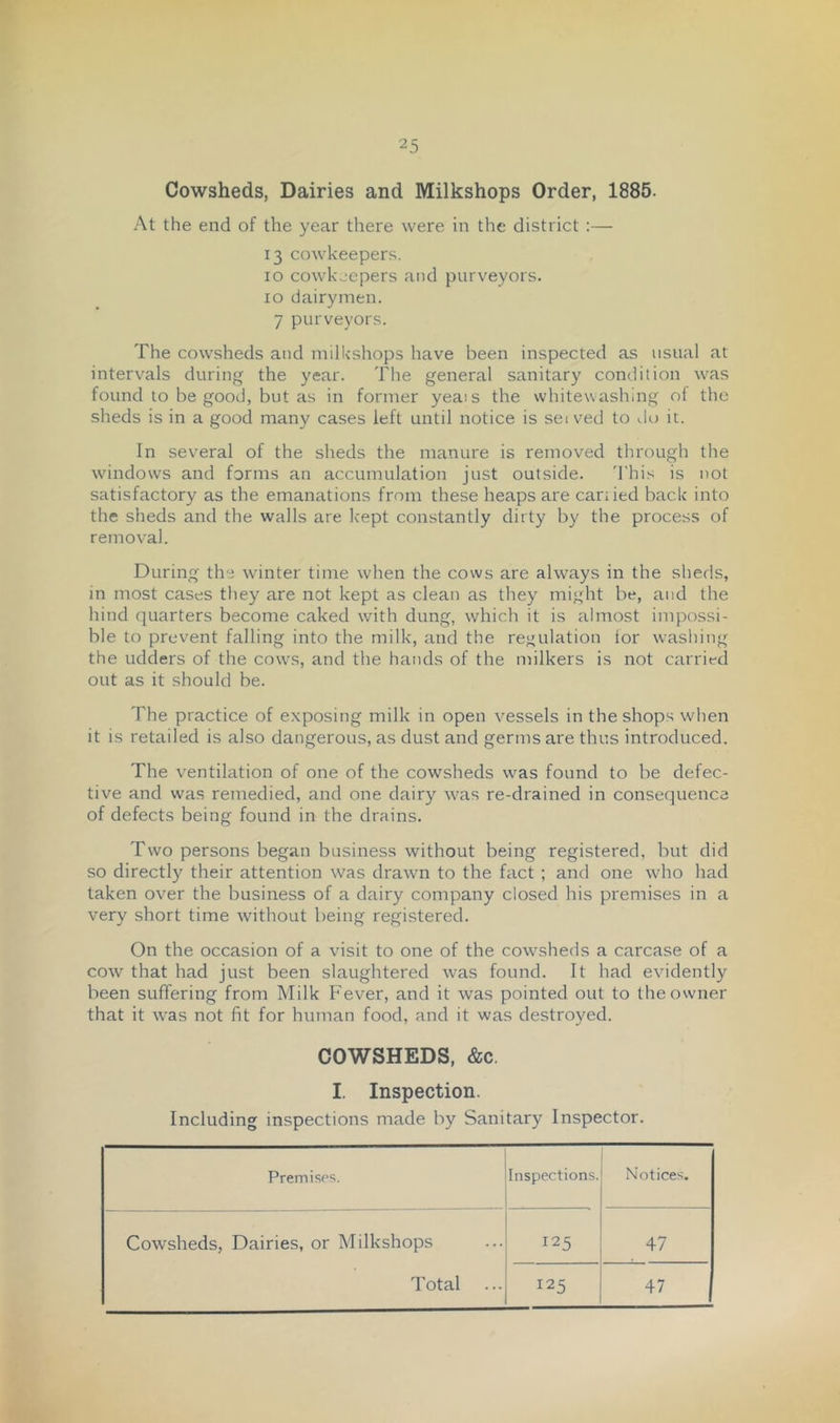 Cowsheds, Dairies and Milkshops Order, 1885. At the end of the year there were in the district :— 13 cowkeepers. 10 cowkeepers and purveyors. 10 dairymen. 7 purveyors. The cowsheds and milkshops have been inspected as usual at intervals during the year. The general sanitary condition was found to be good, but as in former yeais the whitewashing of the sheds is in a good many cases left until notice is sei veti to do it. In several of the sheds the manure is removed through the windows and forms an accumulation just outside. 'I'his is not satisfactory as the emanations from these heaps are canied back into the sheds and the walls are Icept constantly dirty by the process of removal. During the winter time when the cows are always in the sheds, in most cases they are not kept as clean as they might be, and the hind quarters become caked with dung, which it is almost impossi- ble to prevent falling into the milk, and the re-^ulation lor washing the udders of the cows, and the hands of the milkers is not carried out as it should be. The practice of exposing milk in open vessels in the shops when it is retailed is also dangerous, as dust and germs are thus introduced. The ventilation of one of the cowsheds was found to be defec- tive and was remedied, and one dairy w^as re-drained in consequence of defects being found in the drains. Two persons began business without being registered, but did so directly their attention was drawn to the fact ; and one who had taken over the business of a dairy company closed his premises in a very short time without being registered. On the occasion of a visit to one of the cowesheds a carcase of a cow that had just been slaughtered was found. It had evidently been suffering from Milk Fever, and it was pointed out to the owner that it was not fit for human food, and it was destroyed. COWSHEDS, &c. I. Inspection. Including inspections made by Sanitary Inspector. Premises. Inspections. Notices. Cowsheds, Dairies, or Milkshops Total 125 47 125 47