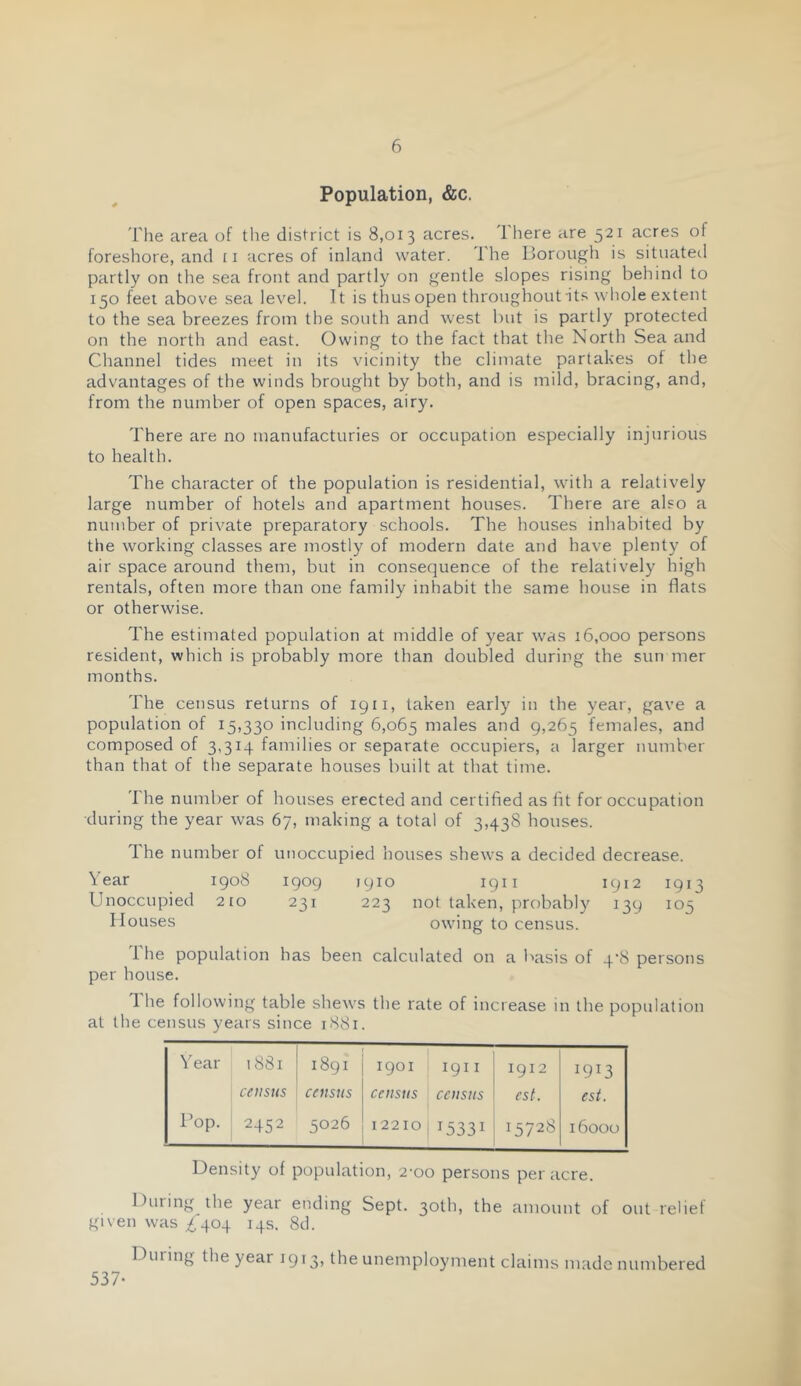 Population, &c. The area of the district is 8,013 acres. 1 here are 521 acres of foreshore, and ri acres of inland water. The Borough is situateil partly on the sea front and partly on gentle slopes rising behind to 150 feel above sea level. It is thus open throughout its wliole extent to the sea breezes from the south and west but is partly protected on the north and east. Owing to the fact that the North Sea and Channel tides meet in its vicinity the climate partakes of the advantages of the winds brought by both, and is mild, bracing, and, from the number of open spaces, airy. There are no manufacturies or occupation especially injurious to health. The character of the population is residential, with a relatively large number of hotels and apartment houses. There are also a number of private preparatory schools. The houses inhabited by the working classes are mostly of modern date and have plenty of air space around them, but in consequence of the relatively high rentals, often more than one family inhabit the same house in fiats or otherwise. The estimated population at middle of year was 16,000 persons resident, which is probably more than doubled during the sun mer months. The census returns of 1911, taken early in the year, gave a population of 15,330 including 6,065 niales and 9,265 females, and composed of 3,314 families or separate occupiers, a larger number than that of the separate houses built at that time. The number of houses erected and certified as fit for occupation during the year was 67, making a total of 3,438 houses. The number of unoccupied houses shews a decided decrease. Year 1908 1909 1910 1911 1912 1913 Unoccupied 210 231 223 not taken, probably 139 105 Houses owing to census. 1 he population has been calculated on a basis of 4'8 persons per house. 1 he following table shews the rate of increase in the population at the census years since 1881. Year 1881 00 80 1901 1911 1912 1913 census census census census est. est. Pop. 2452 5026 12210 15331 1572S 16000 Density of population, 2-00 persons per acre. During ihe year ending Sept. 30th, the anioimt of out relief given was £404 14s. 8d. louring the year 1913’ unemployment claims made numbered 537-