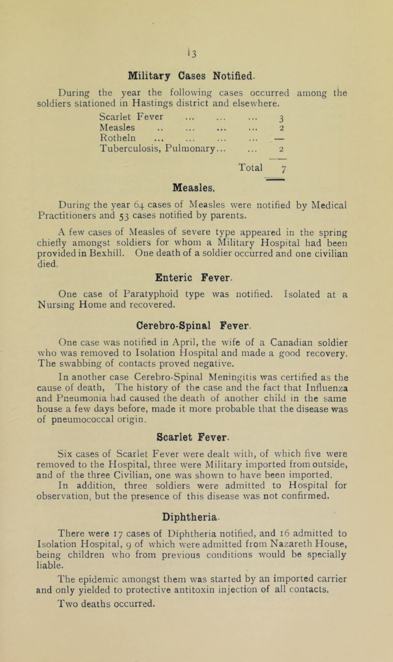 Military Cases Notified. During the year the following cases occurred among the soldiers stationed in Hastings district and elsewhere. Scarlet Fever ... ... ... 3 Measles .. ... ... ... 2 Rotheln ... ... ... ... — Tuberculosis, Pulmonary... ... 2 Total 7 Measles, During the year 64 cases of Measles were notified by Medical Practitioners and 53 cases notified by parents. A few cases of Measles of severe type appeared in the spring chiefly amongst soldiers for whom a Military Hospital had been provided in Bexhill. One death of a soldier occurred and one civilian died. Enteric Fever. One case of Paratyphoid type was notified. Isolated at a Nursing Home and recovered. Cerebro-Spinal Fever. One case was notified in April, the wife of a Canadian soldier who was removed to Isolation Hospital and made a good recovery. The swabbing of contacts proved negative. In another case Cerebro-Spinal Meningitis was certified as the cause of death, The history of the case and the fact that Influenza and Pneumonia had caused the death of another child in the same house a few days before, made it more probable that the disease was of pneumococcal origin. Scarlet Fever. Six cases of Scarlet Fever were dealt with, of which five were removed to the Hospital, three were Military imported from outside, and of the three Civilian, one was shown to have been imported. In addition, three soldiers were admitted to Hospital for observation, but the presence of this disease was not confirmed. Diphtheria. There were 17 cases of Diphtheria notified, and 16 admitted to Isolation Hospital, g of which were admitted from Nazareth House, being children who from previous conditions would be specially liable. The epidemic amongst them was started by an imported carrier and only yielded to protective antitoxin injection of all contacts. Two deaths occurred.