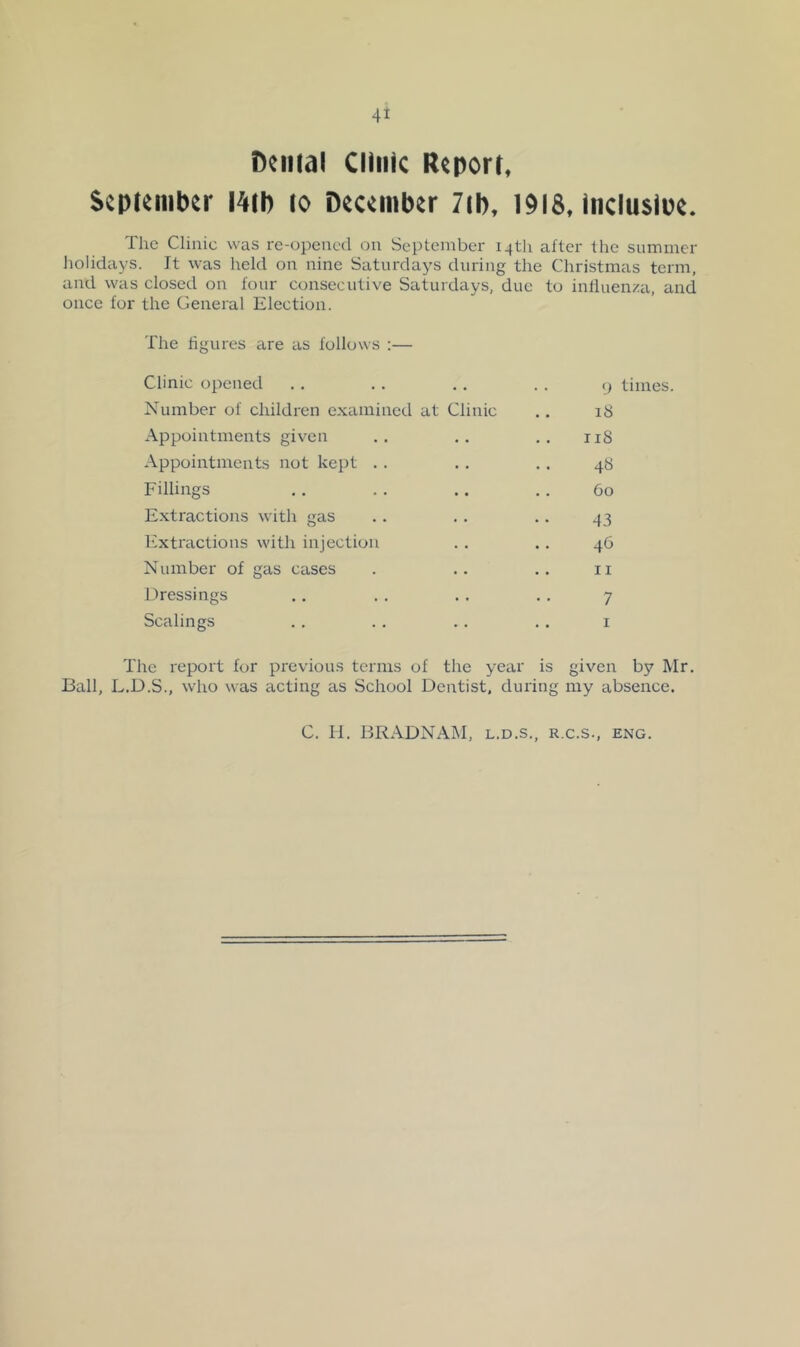 i)ciital Clinic Rcporit Scpicmber \m \o December 7ih, I9l8jncluslne. The Clinic was re-opened on September 14th after the summer holidays. It was held on nine Saturdays during the Christmas term, and was closed on four consecutive Saturdays, due to influenza, and once for the General Election. The figures are as follows :— Clinic opened .. . . .. . . 9 times. Number of children examined at Clinic .. 18 Appointments given .. .. 118 Appointments not kept . . . . .. 48 Fillings ,. .. ., ,. 60 Extractions with gas .. . . .. 43 Extractions with injection . . .. 46 Number of gas cases . .. .. ii Dressings .. . . . . . . 7 Scalings . . . . . . , . i The report for previous terms of the year is given by Mr. Ball, L.D.S., who was acting as School Dentist, during my absence. C. 11. BR.\DNAM, L.D.S., r.c.s., eng.