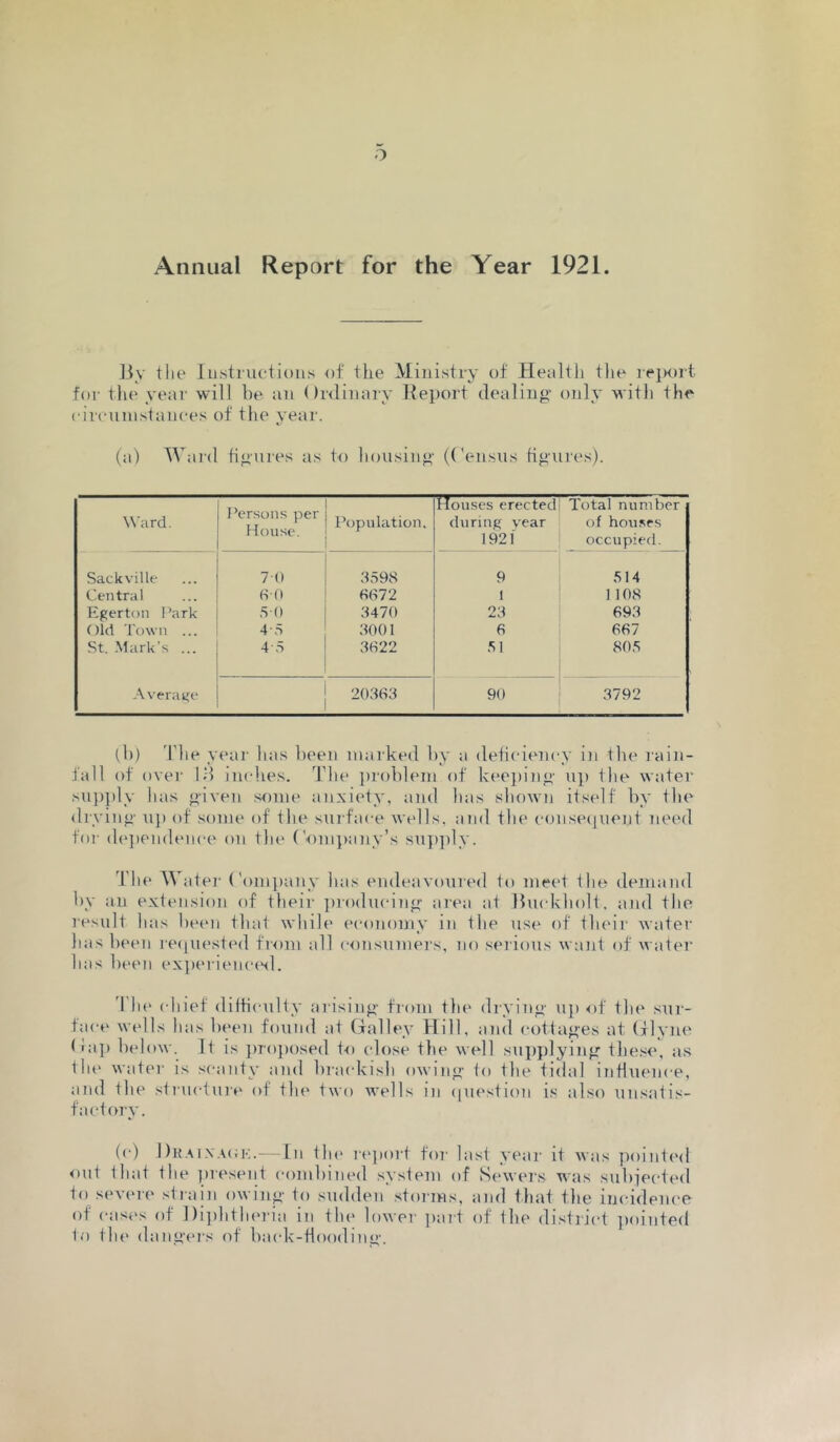 Annual Report for the Year 1921. liy llie Instruct ions of the Ministry of Health the repoi t for the year will he an Ordinary Keport dealing' only witli the circunislances of the year. (a) Ward figures as to housing (Census hgui'es). Ward. Persons per House. Population, Houses erected during year 1921 Total number of houses occupied. Sackville 70 ,3598 9 514 Central HO HH72 1 1108 Egerton Park 50 3470 23 693 Old 'rown ... 4S ,3001 6 667 .St. .Mark’s ... 4 5 3H22 51 805 .-Vverage j 205H3 90 3792 (b) Tlie year has been nuuked by a deficiency in tlie rain- fall of ovei' Id inclies. The ])robb‘in of kee])ing' u]) the water suj)i)ly has g-iven some anxiety, and has shown its(df by the <lrying' up of .some of the surface wells, and the conse(iuent need for d(‘])endence on tlie (’'Om]>any’s su])ply. The Watei' Com pan v has endeavoured to meet the demand l)y an extension of their ])roducing area at Huckholt. and the resnlt has l)een that whil(' (‘conomy in tlie us(‘ of their water has been reipiested from all consumers, no serious want of water lias been ex]ierienc(sl. d he (diief dilfic\dty ai'ising from th(> drying u]) of the sur- face wells has been found at (falley Hill, ami cottages at (xlyne (ia]i below. It is ])ro}iosed to close the well supplying the.'^e, as the watei' is scanty and brackish owing to the tidal influence, and the structure of tin' two wells in question is also unsatis- factory. (c) 1 )k.my.AOK.—Lii th(' rejiort for last year it was pointed out that the jiresent combined system of Sewers was subiected to seven' strain owing to sudden storms, and that the incidence of casi's of Dijihtlu'i'ia in the lower part of the district jiointed to tlie dangers of back-tloodiiig'.