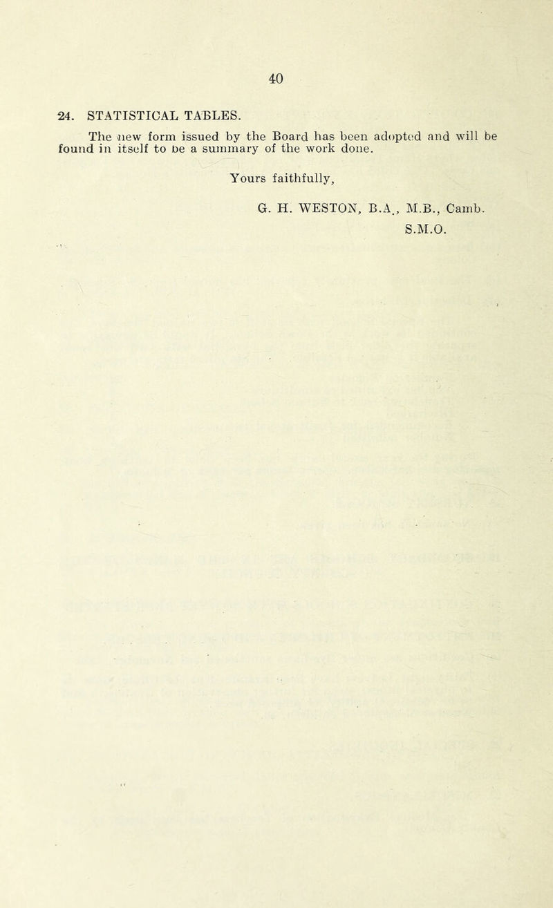 24. STATISTICAL TABLES. The new form issued by the Board has been adopted and will be found in itself to Pe a summary of the work done. Yours faithfully, G. H. WESTON, B.A., M.B., Camb. S.M.O.