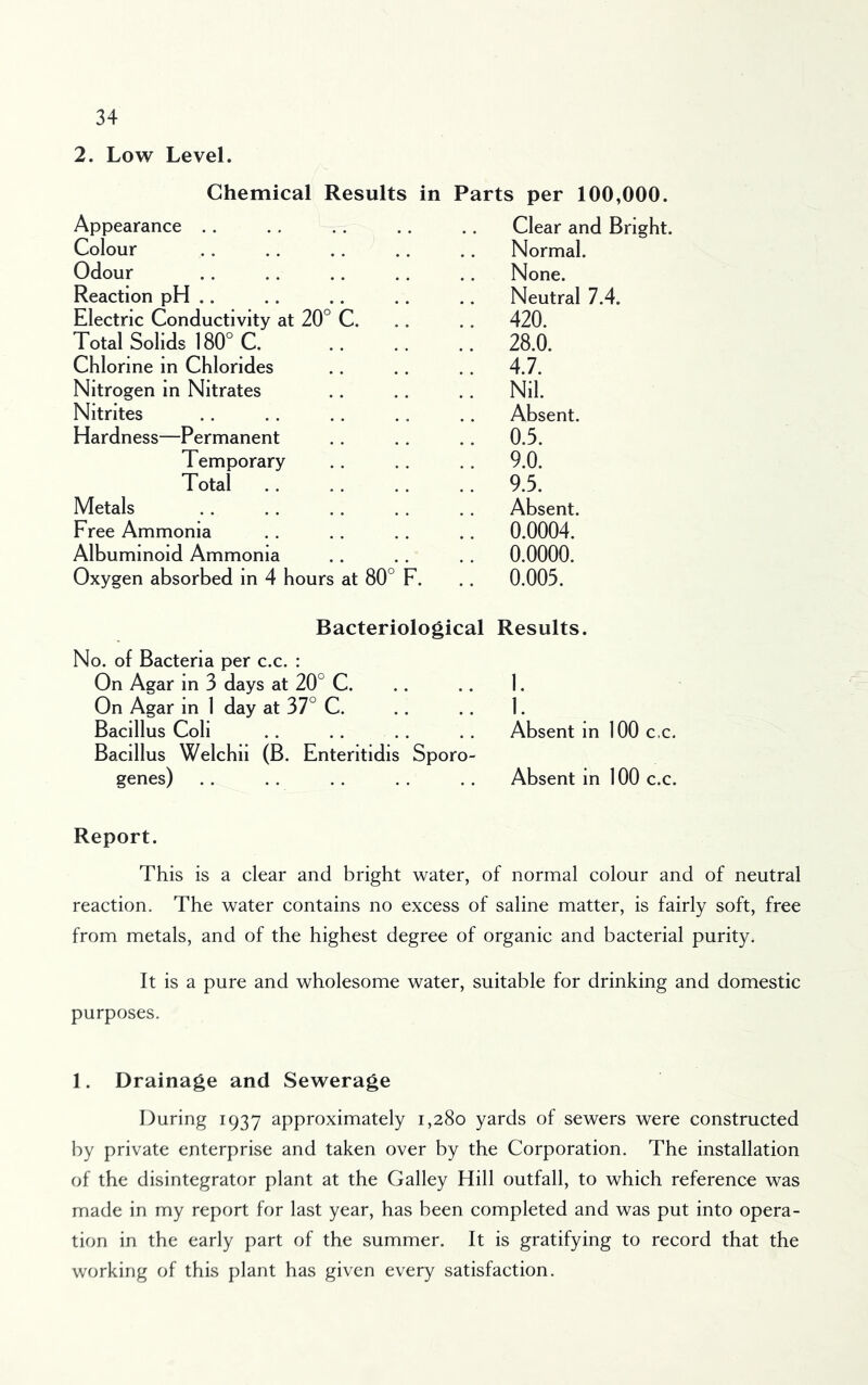 2. Low Level. Chemical Results in Parts per 100,000. Appearance .. Clear and Bright. Colour Normal. Odour None. Reaction pH .. Neutral 7.4. Electric Conductivity at 20° C. .. 420. Total Solids 180° C. .. 28.0. Chlorine in Chlorides .. 4.7. Nitrogen in Nitrates .. Nil. Nitrites Absent. Hardness—Permanent .. 0.5. Temporary .. 9.0. Total .. 9.5. Metals Absent. Free Ammonia .. 0.0004. Albuminoid Ammonia .. 0.0000. Oxygen absorbed in 4 hours at 80° F. .. 0.005. Bacteriological Results. No. of Bacteria per c.c. : On Agar in 3 days at 20° C. On Agar in 1 day at 37° C. Bacillus Coli Bacillus Welchii (B. Enteritidis Sporo- genes) Report. This is a clear and bright water, of normal colour and of neutral reaction. The water contains no excess of saline matter, is fairly soft, free from metals, and of the highest degree of organic and bacterial purity. It is a pure and wholesome water, suitable for drinking and domestic purposes. 1. 1. Absent in 100 c.c. Absent in 100 c.c. 1. Drainage and Sewerage During 1937 approximately 1,280 yards of sewers were constructed by private enterprise and taken over by the Corporation. The installation of the disintegrator plant at the Galley Hill outfall, to which reference was made in my report for last year, has been completed and was put into opera- tion in the early part of the summer. It is gratifying to record that the working of this plant has given every satisfaction.
