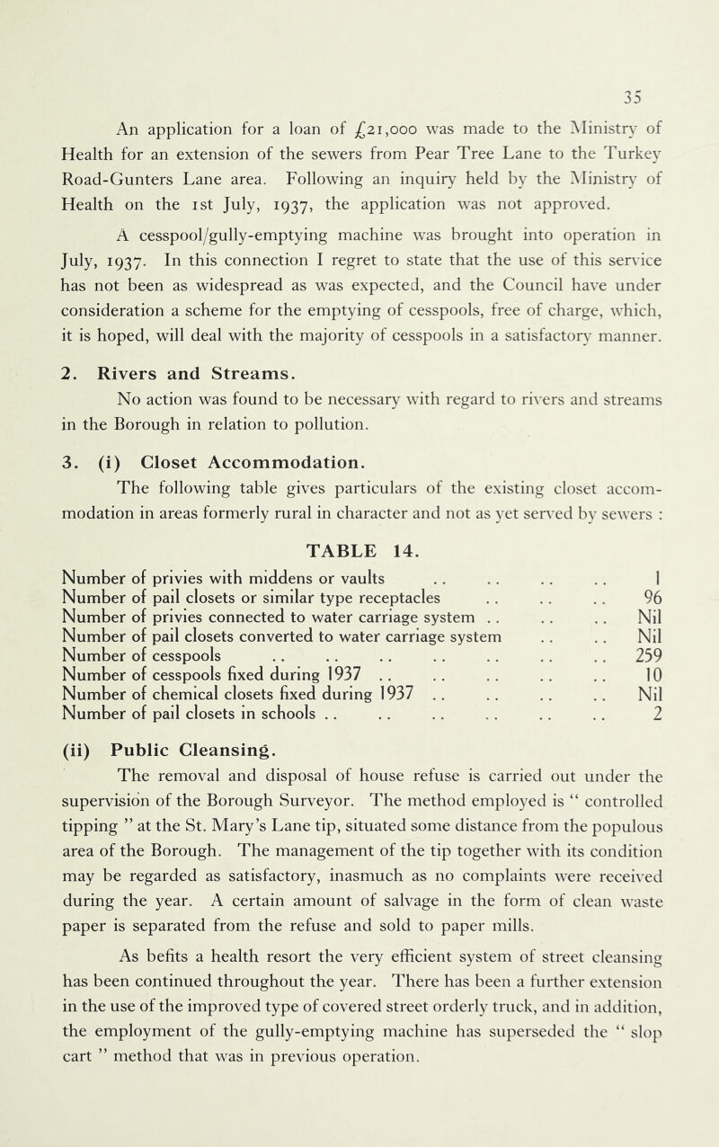 An application for a loan of (^21,000 was made to the Alinistr}^ of Health for an extension of the sewers from Pear Tree Lane to the Turkey Road-Gunters Lane area. Following an inquiry held by the Alinistr} of Health on the ist July, 1937, the application was not approved. A cesspool/gully-emptying machine was brought into operation in July, 1937. In this connection I regret to state that the use of this service has not been as widespread as was expected, and the Council have under consideration a scheme for the emptying of cesspools, free of charge, which, it is hoped, will deal with the majority of cesspools in a satisfactory manner. 2. Rivers and Streams. No action was found to be necessary with regard to rivers and streams in the Borough in relation to pollution. 3. (i) Closet Accommodation. The following table gives particulars of the existing closet accom- modation in areas formerly rural in character and not as yet ser^'ed bv sewers : TABLE 14. Number of privies with middens or vaults .. .. .. .. 1 Number of pail closets or similar type receptacles . . . . .. 96 Number of privies connected to water carriage system .. .. .. Nil Number of pail closets converted to water carriage system . . , . Nil Number of cesspools .. .. .. .. .. . . .. 259 Number of cesspools fixed during 1937 .. .. .. .. .. 10 Number of chemical closets fixed during 1937 .. .. .. .. Nil Number of pail closets m schools .. .. .. . . . . . . 2 (ii) Public Cleansing. The removal and disposal of house refuse is carried out under the supervision of the Borough Surveyor. The method employed is “ controlled tipping ” at the St. Mary’s Lane tip, situated some distance from the populous area of the Borough. The management of the tip together with its condition may be regarded as satisfactory, inasmuch as no complaints were received during the year. A certain amount of salvage in the form of clean waste paper is separated from the refuse and sold to paper mills. As befits a health resort the very efficient system of street cleansing has been continued throughout the year. There has been a further extension in the use of the improved type of covered street orderly truck, and in addition, the employment of the gully-emptying machine has superseded the “ slop cart ” method that was in previous operation.