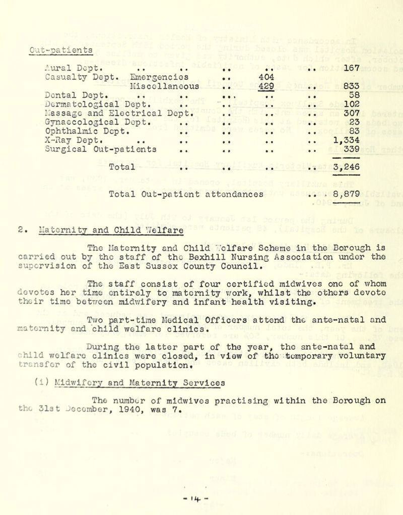 Cut-Datient3 A’ural Dept. • • • « • • 0 a 167 Casualty Dept. Emergencies • f 404 Miscellaneous • • 429 0 a 833 Dental Dept. • • • • • • 58 Dermatological Dept. • . • 0 • • • » 102 Massage and Electrical Dept. • • • • e • 307 Gynaecological Dept. . . • 0 • « • • 23 Ophthalmic Dept. .. • « « • 83 X-Ray Dept. ,. • • # • • • 1,334 Surgical Out-patients • • • • • t . . 339 Total • • • • » • . . 3,246 Total Out-pationt attendances .« .■> 8^879 2. Llaternlty and Child V/elfare The liatemity and Child ‘Tclfare Scheme in the Borough is carried out by tho staff of the Bexhill Nursing Association under the supervision of the East Sussex County Council. The staff consist of four certified midwives one of v/hom devotes her time entirely to maternity v/ork, whilst the others devote their time between midwifery and Infant health visiting. Two part-time Medical Officers attend the ante-natal and natcmlty and child welfare clinics. During the latter part of the year, tho ante-natal and child v/olfaro clinics were closed, in view of the temporary voluntary transfer of the civil population. (1) Midv/ifery and Maternity Services The number of midwivos practising within the Borough on the Slat December, 1940, was 7.