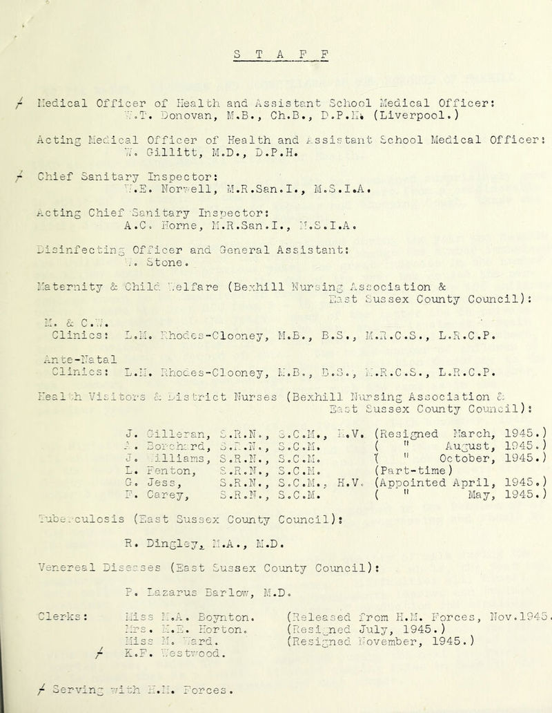 S T A P F Medical Officer of Health and Assistant School Medical Officer: 'AT. Donovan, M.B., Ch.B., D.P.Hk (Liverpool.) Acting Medical Officer of Health and Assistant School Medical Office] W. Crillitt, M.D., D.P.H. Chief Sanitary Inspector: •.S. Norwell, M.R.San.I., M.S.I.A. Dieting Chief 'Sanitary Inspector: A.C. Horne, M.R.San.I., I. A. Disinfecting Officer and General Assistant: 7. Stone. Maternity & Child Welfare (Bexhill Nursing Association & East Sussex County Council): M. & c.h. Clinics: L.M. Rhodes-Clooney, M.B., B.S., M.R.C.S., L.R.C.P. Ante-Natal Clinics: L.M. Rhodes-Clooney, M.B., B.S., L.R,.C.S., L.R.C.P. Health Visitors cz District Nurses (Bexhill Nursing Association & la s t Sussex County Coun C-illeran, S.R.N., S.C.M., Ii.V. (Resigned March, Borchard. 3.R.N., S.C.M. ( n August, Williams, S.R.N., S.C.M. X ” October, Fenton, S.R.N., S.C.M. (Part-time) Jess, S.R.N., S.C.M., H.V. (Appointed April, Carey, S.R.N., S.C.M. (  ' May, last Sussex County Council) S R. DingleyA M.A., M.D. Venereal Diseases (East Sussex County Council) P. Lazarus Barlow, M.D. irks : Miss M.A. Boynton, Mrs• M.D. Horton. Miss Ho Sard. r K.P. Hes tvood. (Released from H.M. Forces, Nov.1945 (Resigned July, 1945.) (Resigned November, 1945.) .forces