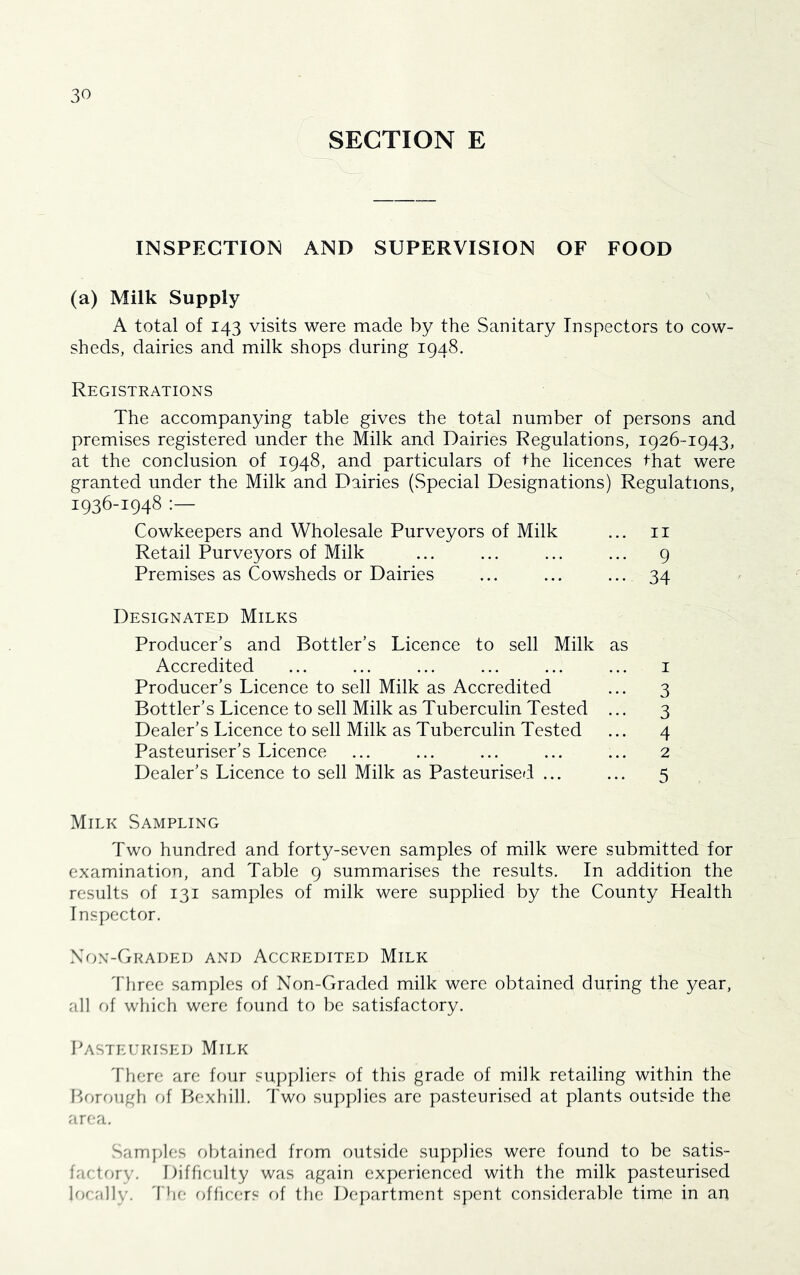 SECTION E INSPECTION AND SUPERVISION OF FOOD (a) Milk Supply A total of 143 visits were made by the Sanitary Inspectors to cow- sheds, dairies and milk shops during 1948. Registrations The accompanying table gives the total number of persons and premises registered under the Milk and Dairies Regulations, 1926-1943, at the conclusion of 1948, and particulars of the licences that were granted under the Milk and Dairies (vSpecial Designations) Regulations, 1936-1948 Cowkeepers and Wholesale Purveyors of Milk ... ii Retail Purveyors of Milk ... ... ... ... 9 Premises as Cowsheds or Dairies ... ... ... 34 Designated Milks Producer’s and Bottler’s Licence to sell Milk as Accredited ... ... ... ... ... ... i Producer’s Licence to sell Milk as Accredited ... 3 Bottler’s Licence to sell Milk as Tuberculin Tested ... 3 Dealer’s Licence to sell Milk as Tuberculin Tested ... 4 Pasteuriser’s Licence ... ... ... ... ... 2 Dealer’s Licence to sell Milk as Pasteurised ... ... 5 Milk Sampling Two hundred and forty-seven samples of milk were submitted for examination, and Table 9 summarises the results. In addition the results of 131 samples of milk were supplied by the County Health Inspector. Xon-Graded and Accredited Milk Three samples of Non-Graded milk were obtained during the year, all of which were found to be satisfactory. Pasteurised Milk There are four suppliers of this grade of milk retailing within the I>orough of P^exhill. Two supplies are pasteurised at plants outside the area. Samjjles obtained from out.side supplies were found to be satis- factory. Difficulty was again experienced with the milk pasteurised locc'illy. 4 he officers of the Department spent considerable time in an