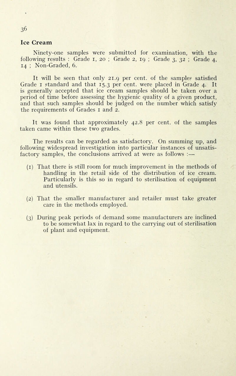 Ice Cream Ninety-one samples were submitted for examination, with the following results : Grade i, 20 ; Grade 2, 19 ; Grade 3, 32 ; Grade 4, 14 ; Non-Graded, 6. It will be seen that only 21.9 per cent, of the samples satisfied Grade i standard and that 15.3 per cent, were placed in Grade 4. It is generally accepted that ice cream samples should be taken over a period of time before assessing the hygienic quality of a given product, and that such samples should be judged on the number which satisfy the requirements of Grades i and 2. It was found that approximately 42.8 per cent, of the samples taken came within these two grades. The results can be regarded as satisfactory. On summing up, and following widespread investigation into particular instances of unsatis- factory samples, the conclusions arrived at were as follows :—■ (1) That there is still room for much improvement in the methods of handling in the retail side of the distribution of ice cream. Particularly is this so in regard to sterilisation of equipment and utensils. (2) That the smaller manufacturer and retailer must take greater care in the methods employed. (3) During peak periods of demand some manufacturers are inclined to be somewhat lax in regard to the carrying out of sterilisation of plant and equipment.