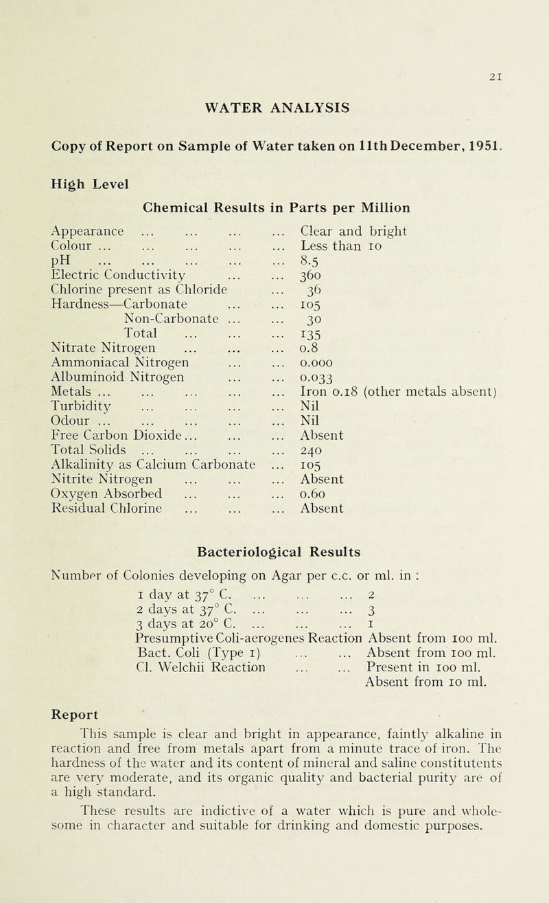 WATER ANALYSIS Copy of Report on Sample of Water taken on 11th December, 1951. High Level Chemical Results in Parts per Million Clear and bright Less than lo Appearance Colour ... pH Electric Conductivity Chlorine present as Chloride Hardness—Carbonate Non-Carbonate ... Total Nitrate Nitrogen Ammoniacal Nitrogen Albuminoid Nitrogen Metals ... Turbidity Odour ... Free Carbon Dioxide... Total Solids Alkalinity as Calcium Carbonate Nitrite Nitrogen Oxygen Absorbed Residual Chlorine 8.5 360 36 105 30 135 0.8 0.000 0.033 Iron 0.18 (other metals absent) Nil Nil Absent 240 105 Absent 0.60 Absent Bacteriological Results Number of Colonies developing on Agar per c.c. or ml. in : 1 day at 37° C. ... ... ... 2 2 days at 37° C. ... ... ... 3 3 days at 20° C. ... ... ... i Presumptive Coli-aerogenes Reaction Absent from 100 ml. Bact. Coli (Type i) ... ... Absent from 100 ml. Cl. Welchii Reaction ... ... Present in 100 ml. Absent from 10 ml. Report This sample is clear and bright in appearance, faintly alkaline in reaction and free from metals apart from a minute trace of iron. The hardness of the water and its content of mineral and saline constitutents are very moderate, and its organic quality and bacterial purity are of a high standard. These results are indictive of a water which is pure and whole- some in character and suitable for drinking and domestic purposes.