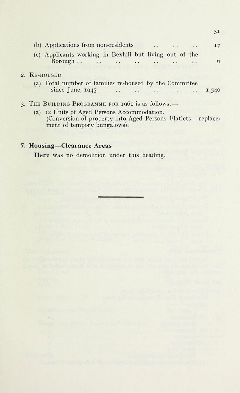 (b) Applications from non-residents . . . . .. 17 (c) Applicants working in Bexhill but living out of the Borough .. . . .. .. . . .. .. 6 2. Re-housed (a) Total number of families re-housed by the Committee since June, 1945 .. . . .. .. .. 1,540 3. The Building Programme for 1961 is as follows:— (a) 12 Units of Aged Persons Accommodation. (Conversion of property into Aged Persons Flatlets — replace- ment of tempory bungalows). 7. Housing—^Clearance Areas There was no demolition under this heading.