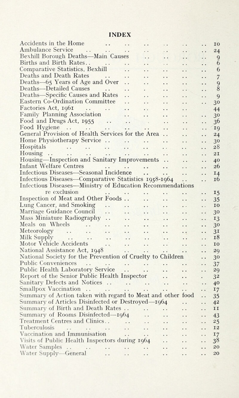 INDEX Accidents in the Home .. . . . . . . . . .. lo Ambulance Service .. .. . . . . . . .. .. 24 Bexhill Borough Deaths—Main Causes . . .. .. .. 9 Births and Birth Rates.. . . .. .. . . . . .. 6 Comparative Statistics, Bexhill .. .. .. ,. .. 6 Deaths and Death Rates .. .. .. .. ., .. 7 Deaths—65 Years of Age and Over .. .. .. .. .. 9 Deaths—Detailed Causes .. .. . .. . . .. 8 Deaths—Specihc Causes and Rates .. . . .. . . . . 9 Eastern Co-Ordination Committee . . . . . . . . . . 30 Factories Act, 1961 .. . . . . . . . . . . 44 Family Planning Association .. .. .. . . . . 30 Food and Drugs Act, 1955 .. . . . . .. .. 36 Food Hygiene . . . . . . . . . . .. . . . . 19 General Provision of Health Services for the Area . . . . .. 24 Home Physiotherapy Service . . . . . . . . . . .. 30 Hospitals . . . . . . .. .. . . . . .. 28 Housing . . . . . . . . . . .... . . . . 21 Housing—Inspection and Sanitary Improvements .. .. .. 40 Infant Welfare Centres .. .. .. .. . . .. 26 Infectious Diseases—Seasonal Incidence .. .. .. .. 14 Infectious Diseases—Comparative Statistics 1958-1964 .. .. 16 Infectious Diseases—Ministry of Education Recommendations re exclusion .. .. .. . . .. .. 15 Inspection of Meat and Other Foods .. .. . . .. • • 35 Lung Cancer, and Smoking . . . . ,, .. . , ,. 10 Marriage Guidance Council . . . . . . . . . . .. 30 Mass Miniature Radiography . . . . . „ .. .. .. 13 Meals on Wheels . . . . . . . . .. .. .. 30 Meteorology . . . . .. . . .. .. .. • • 31 Milk Supply .. .. .. .. .. .. .. .. 18 Motor Vehicle Accidents .. .. .. .. .. ..10 National Assistance Act, 1948 . . . . .. .. .. 29 National Society for the Prevention of Cruelty to Children .. 30 Public Conveniences . . . . . . . . .. .. • • 37 Public Health Laboratory Service . . .. .. .. . . 29 Report of the Senior Public Health Inspector .. .. . 32 Sanitary Defects and Notices . . .. .. . . .. .. 40 Smallpox Vaccination . . . . . . . . . . . . . . 17 Summary of Action taken with regard to Meat and other food .. 35 Summary of Articles Disinfected or Destroyed—^1964 . . .. 42 Summary of Birth and Death Rates . . . . . . . . .. ii Summary of Rooms Disinfected—1964 . . .. .. •. 43 'I'reatment Centres and Clinics. . .. .. .. .. ..25 'l uberculosis . . . . . . . . . . . . . . .. 12 Vaccination and Immunisation . . . . . . . . . . 17 Visits of Public Health Inspectors during 1964 . . . . . . 38 Water Samples . . . . . . . . . . . . . . .. 20 Water Suj4>ly- Heneral . . . . . . . . . . .. 20