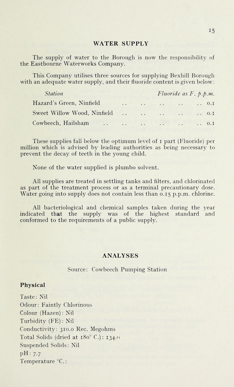 WATER SUPPLY The supply of water to the Borough is now the responsibility of the Eastbourne Waterworks Company. This Company utilises three sources for supplying Bexhill Borough with an adequate water supply, and their fluoride content is given below; Station Fluoride as F. p.p.m. Hazard’s Green, Ninfield . . . . . . . . . . o.i Sweet Willow Wood, Ninfield . . . . . . . . . . o.i Cowbeech, Hailsham .. .. . . . . . . . . o.i These supplies fall below the optimum level of i part (Fluoride) per million which is advised by leading authorities as being necessary to prevent the decay of teeth in the young child. None of the water supplied is plumbo solvent. All supplies are treated in settling tanks and filters, and chlorinated as part of the treatment process or as a terminal precautionary dose. Water going into supply does not contain less than 0.15 p.p.m. chlorine. All bacteriological and chemical samples taken during the 3/ear indicated that the supply was of the highest standard and conformed to the requirements of a public supply. ANALYSES Source: Cowbeech Pumping vStation Physical Taste: Nil Odour: Faintly Chlorinous Colour (Hazen): Nil Turbidity (FE): Nil Conductivity: 310.0 Rec. Megohms Total Solids (dried at 180° C.): 134.0 Suspended Solids: Nil pH: 7.7 Temperature °C.: