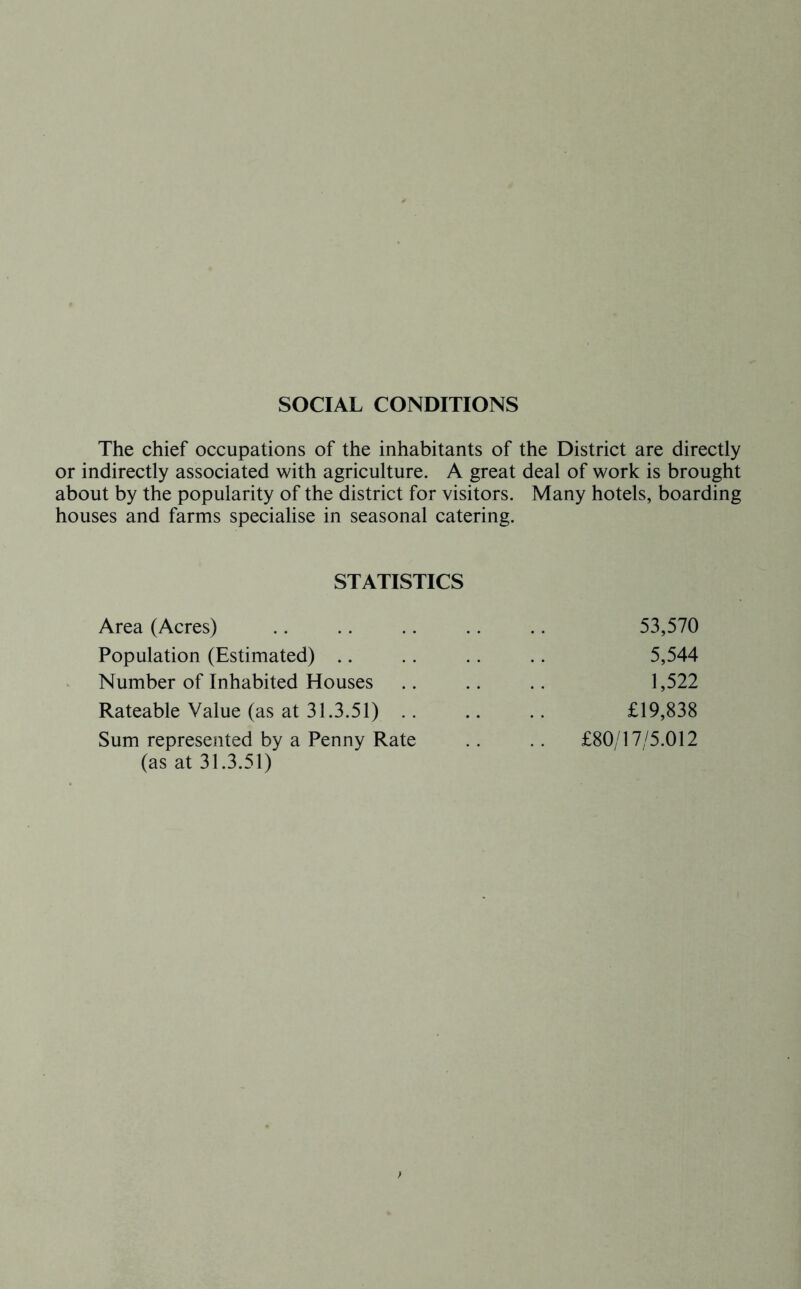 SOCIAL CONDITIONS The chief occupations of the inhabitants of the District are directly or indirectly associated with agriculture. A great deal of work is brought about by the popularity of the district for visitors. Many hotels, boarding houses and farms specialise in seasonal catering. STATISTICS Area (Acres) .. .. .. .. .. 53,570 Population (Estimated) .. .. .. .. 5,544 Number of Inhabited Houses .. .. .. 1,522 Rateable Value (as at 31.3.51) £19,838 Sum represented by a Penny Rate .. .. £80/17/5.012 (as at 31.3.51)