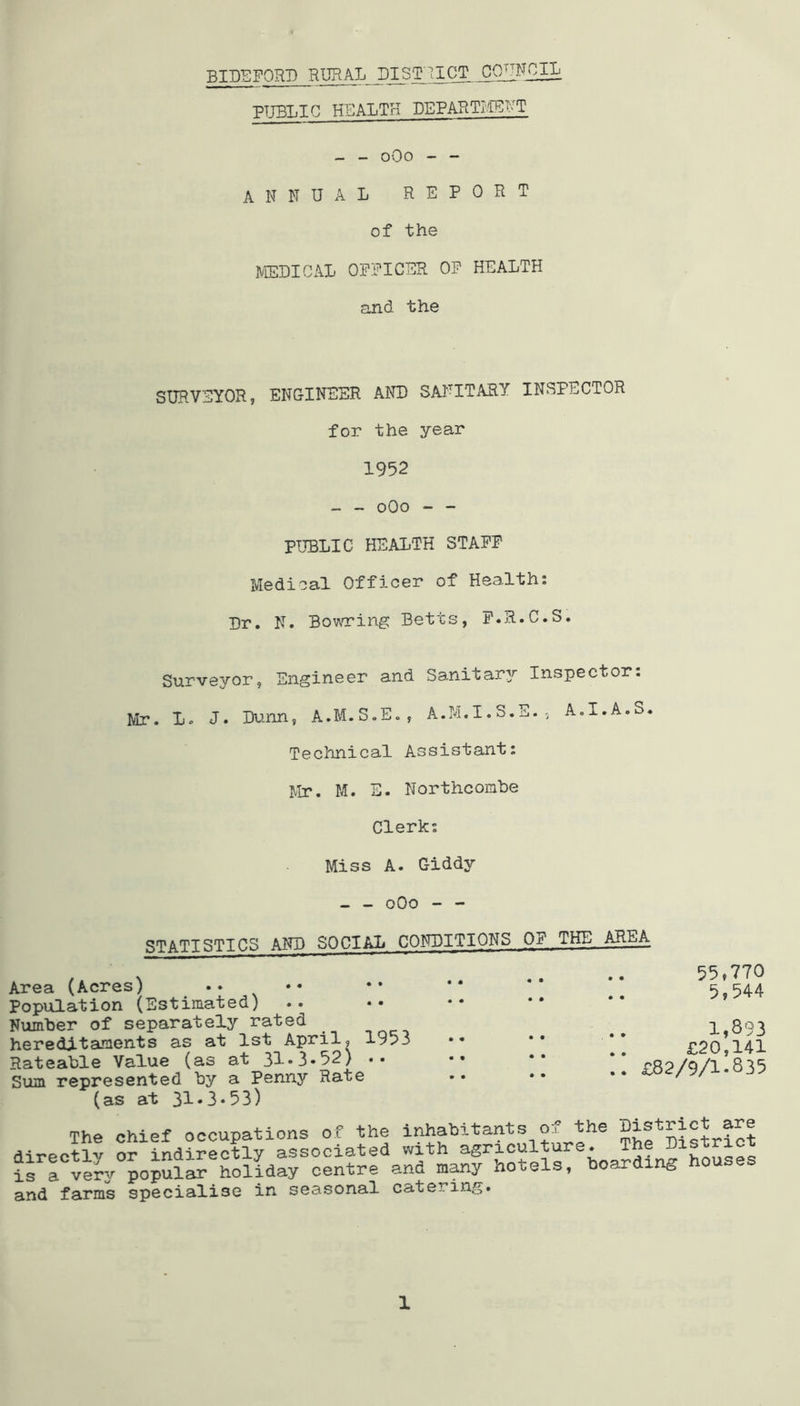 BIDEFORD RURAL PI ST 7T CT ,C011NC^ PTTBLIC HEALTH DEPARTI/rSRT - - oOo - - ANNUAL REPORT of the MEDICAL OFFICER OF HEALTH and the SURVEYOR, ENGINEER AND SANITARY INSPECTOR for the year 1952 - - oOo - - PUBLIC HEALTH STAFF Medical Officer of Health: Dr. N. Bov-nring Betts, F.R.C.S. Surveyor, Engineer and Sanitary Inspector: Mr. L. J. Dunn, A.M.S.E., A.M.I.S.E., A.I.A.S. Technical Assistant: Mr. M. E. Northcombe Clerk: Miss A. Giddy - - oOo - - STATISTICS AND SOCIAL CONDITIONS OF THE AREA Area (Acres) Population (Estimated) Number of separately rated hereditaments as at 1st April, 1953 Rateable Value (as at 31*3»52) •• Sum represented by a Penny Rate (as at 31.3-53) 55»770 5,544 1,893 £20,141 £82/9/1-835 The chief occupations of the inhabitants of the LireoWv orind??ectly associated with agriculture. The District .s I very popular holiday centre and many hotels, boarding houses md farms specialise in seasonal catering.