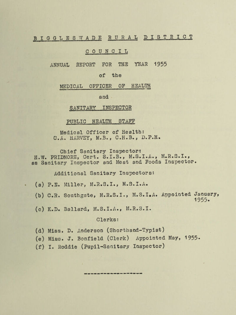 COUNCIL ANNUAL REPORT FOR THE YEAR 1955 of the MEDICAL OFFICER OF HEALTH and SANITARY INSPECTOR PUBLIC HEALTH STAFF f Medical Officer of Health: C.A. HARVEY, M.B., C.H.B., D.P.H. Chief Sanitary Inspector: H.W. PRIDMORE, Cert. S.I.B., M.S.I.A., M.R.S.I., as Sanitary Inspector and Meat and Foods Inspector. Additional Sanitary Inspectors: (a) P.E. Miller, M.R.S.I., M.S.I.A. (b) C.R. Southgate, M.R.S.I., M.S.I.A. Appointed January, 1955. (c) K.D* Ballard, M.S.I.A., M.R.S.I. Clerks: (d) Miss. D. Anderson (Shorthand-Typist) (e) Miss. J. Bonfield (Clerk) Appointed May, 1955* (f) I. Roddie (Pupil-Sanitary Inspector)