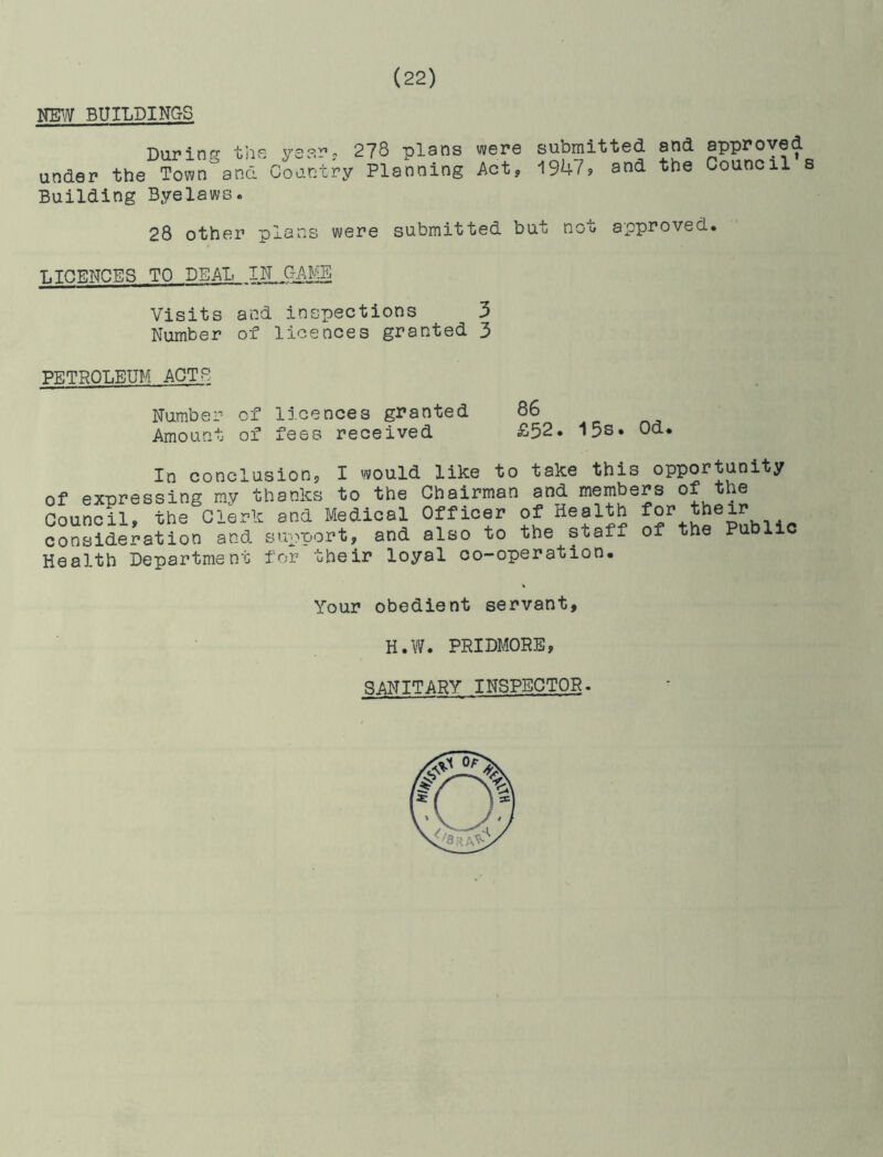NEW BUILDINGS During the^ye under the Town and. Cou ovi„ 278 plans were submitted and approved nt-ry Planning Act, 1947? and the Council s Building Byelaws. 28 other plans were submitted but not approved. LICENCES TO DEAL IN. CAME Visits and inspections 3 Number of licences granted 3 PETROLEUM ACTS Number of licences granted 86 Amount of fees received £52. 15s. Od. Tn f.rmfii iision. I would like to take this opportunity Your obedient servant, H.W. PRIDMORE, SANITARY INSPECTOR.