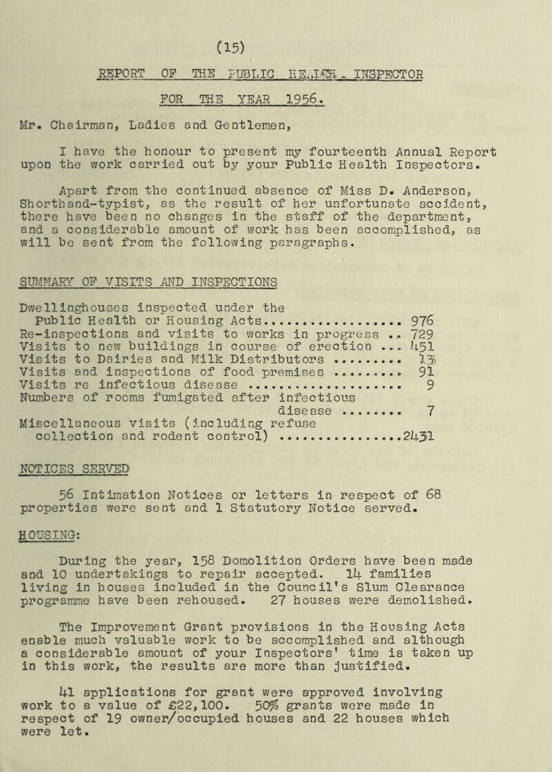 Cl5) REPORT OF THE FTBLIQ - IKTSPECTOR FOR THE YEAR 1956. Mr. Chairman, Ladies and Gentlemen, I have the honour to present my fourteenth Annual Report upon the work carried out by your Public Health Inspectors. Apart from the continued absence of Miss D. Anderson, Shorthand-typist, as the result of her unfortunate accident, there have been no changes in the staff of the department, and a considerable amount of work has been accomplished, as will be sent from the following paragraphs. Sm!MARY OF VISITS AND INSPECTIONS Dwelllnghouses inspected under the Public Health or Housing Acts 976 Re-inspections and visits to works in progress .. 729 Visits to new buildings in course of erection ... U5I Visits to Dairies and Milk Distributors 13 Visits and inspections of food premises 91 Visits re infectious disease 9 Numbers of rooms fumigated after infectious disease 7 Miscellaneous visits (including refuse collection and rodent control) 2U31 NOTICES SERVED 56 Intimation Notices or letters in respect of 6B properties were sent and 1 Statutory Notice served. HOUSING; During the year, I58 Demolition Orders have been made and 10 undertakings to repair accepted. 14 families living in houses included in the Council’s Slum Clearance programme have been rehoused. 27 houses were demolished. The Improvement Grant provisions in the Housing Acts enable much valuable work to be accomplished and although a considerable amount of your Inspectors’ time is taken up in this work, the results are more than justified. 41 applications for grant were approved involving work to a value of £22,100. 50% grants were made in respect of 19 owner/occupied houses and 22 houses which were let.