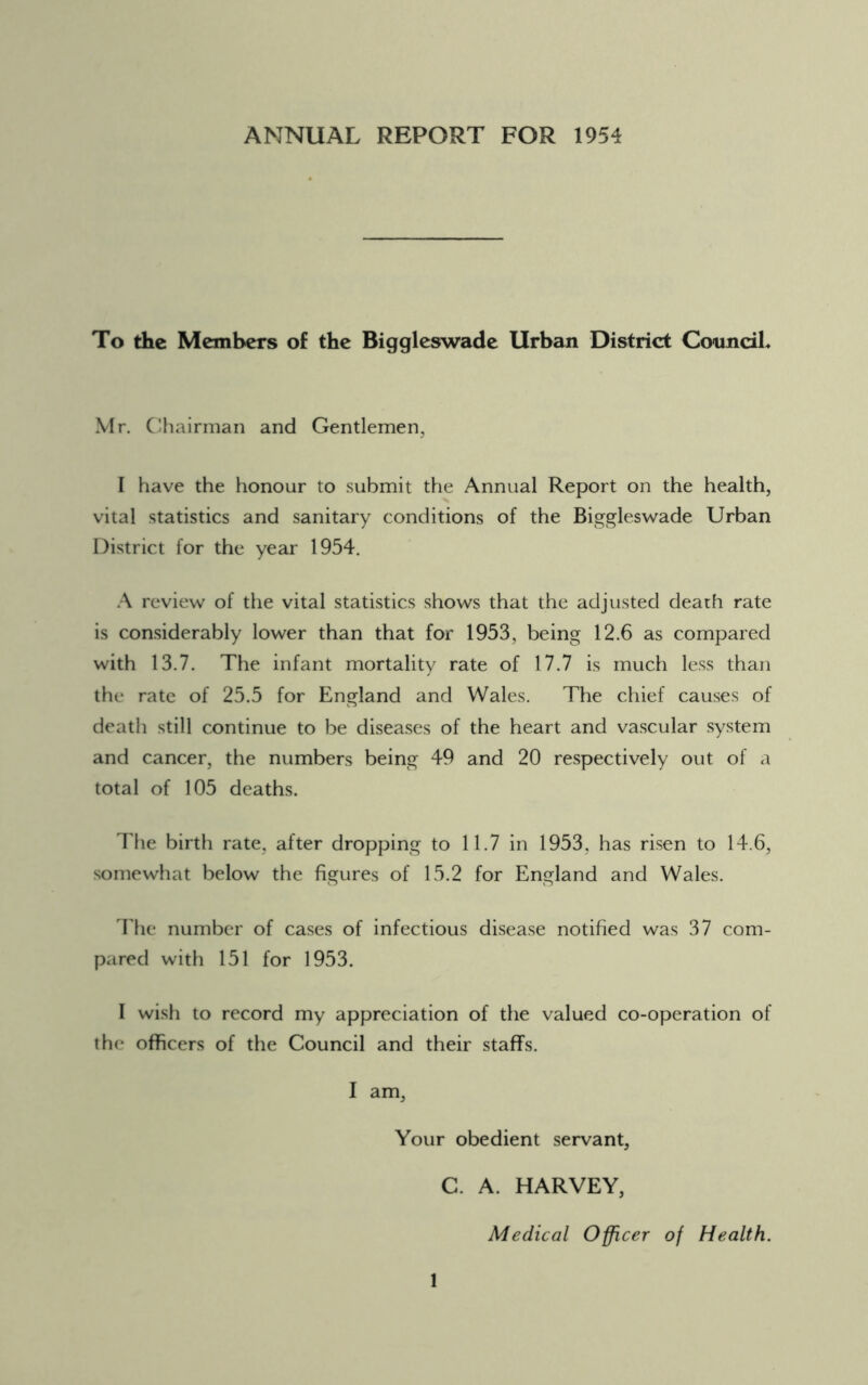 ANNUAL REPORT FOR 1954 To the Members of the Biggleswade Urban District Councils Mr. Chairman and Gentlemen, I have the honour to submit the Annual Report on the health, vital statistics and sanitary conditions of the Biggleswade Urban District for the year 1954. A review of the vital statistics shows that the adjusted death rate is considerably lower than that for 1953, being 12.6 as compared with 13.7. The infant mortality rate of 17.7 is much less than the rate of 25.5 for England and Wales. The chief causes of death still continue to be diseases of the heart and vascular system and cancer, the numbers being 49 and 20 respectively out of a total of 105 deaths. The birth rate, after dropping to 11.7 in 1953, has risen to 14.6, somewhat below the figures of 15.2 for England and Wales. The number of cases of infectious disease notified was 37 com- pared with 151 for 1953. I wish to record my appreciation of the valued co-operation of the officers of the Council and their staffs. I am, Your obedient servant, C. A. HARVEY, Medical Officer of Health.