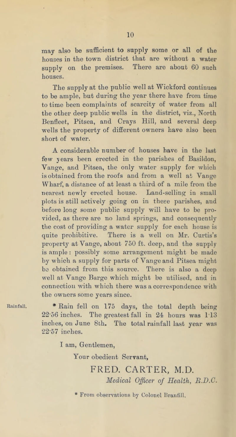 Rainfall. may also be sufficient to supply some or all of the houses in the town district that are without a water supply on the premises. There are about 60 such houses. The supply at the public well at Wickford continues to be ample, but during the year there have from time to time been complaints of scarcity of water from all the other deep public wells in the district, viz., North Benfleet, Pitsea, and Grays Hill, and several deep wells the property of different owners have also been short of water. A considerable number of houses have in the last few jears been erected in the parishes of Basildon, Vange, and Pitsea, the only water supply for which is obtained from the roofs and from a well at Vange Wharf, a distance of at least a third of a mile from the nearest newly erected house. Land-selling in small plots is still actively going on in these parishes, and before long some public supply will have to be pro- vided, as thex’e are no land springs, and consequently the cost of providing a water supply for each house is quite prohibitive. There is a well on Mr. Curtis’s property at Vange, about 750 ft. deep, and the supply is ample: possibly some arrangement might be made by which a supply for parts of Vange and Pitsea might be obtained from this source. There is also a deep well at Vange Barge which might be utilised, and in connection with which there was a correspondence with the owners some years since. * Rain fell on 175 days, the total depth being 22‘56 inches. The greatest fall in 24 hours was P13 inches, on June 8th. The total rainfall last year was ‘22’57 inches. I am. Gentlemen, Your obedient Servant, FRED. CARTER, M.D. Medical Officer of Health, B.D.C. * From observations by Colonel Hranfill.