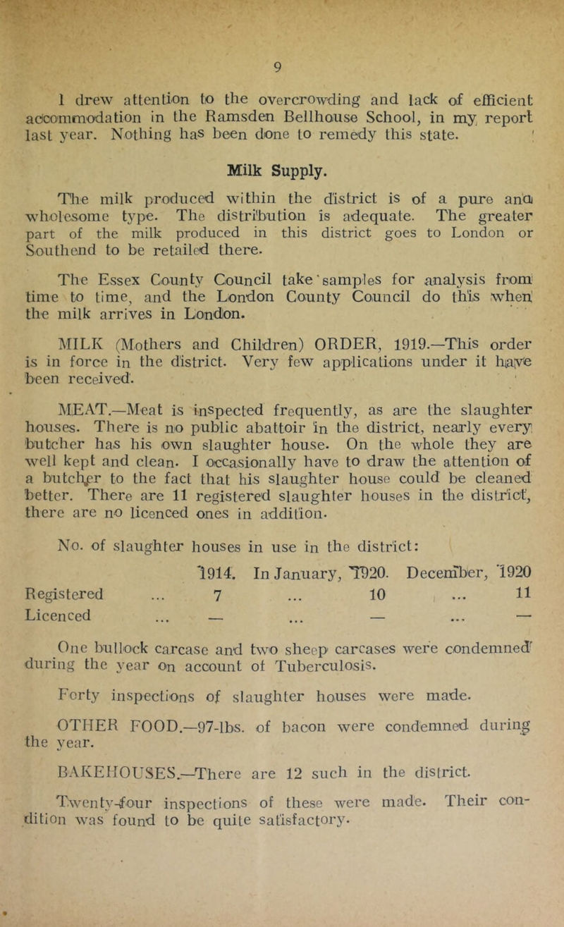 1 drew attention to the overcrowding and lack of efficient accommodation in the Ramsden Bellhouse School, in my report last year. Nothing has been done to remedy this state. ; Milk Supply. Tlie milk produced within the district is of a pure and wholesome type. The distribution is adequate. The greater part of the milk produced in this district goes to London or Southend to be retailed there. The Essex County Council take'samples for analysis from lime to time, and the London County Council do this ,wheri the milk arrives in London. MILK (Mothers and Children) ORDER, 1919.—This order is in force in the district. Very few applications under it hiayo been received. MEAT.—Meat is inspected frequently, as are the slaughter houses. There is no public abattoir in the district, nearly every butcher has his own slaughter house. On the whole they are well kept and clean. I occasionally have to draw the attention of a butchj?r to the fact that his slaughter house could be cleaned better. There are 11 registered slaughter houses in the district, there are no licenced ones in addition. No. of slaughter houses in use in the district: 1914. In January, T920. DecenTber, 1920 Registered ... 7 ... 10 , ... H Licenced ... — ... — ... — One bullock carcase and two sheep carcases were condemned' during the year on account oi Tuberculosis. Forty inspections of slaughter houses were made. OTHER FOOD.—97-lbs. of bacon were condemned during the year. BAKEHOUSES.^—^There are 12 such in the district. Twenty-four inspections of these were made. Their con- dition was found to be quite satisfactory.