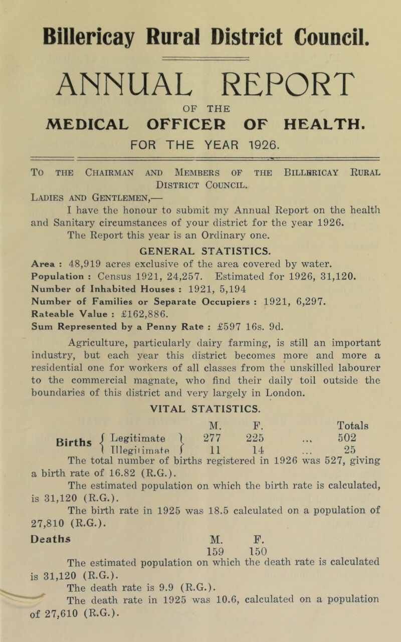 Billericay Rural District Council. ANNUAL REPORT OF THE MEDICAL OFFICER OF HEALTH. FOR THE YEAR 1926. To THE Chairman and Members of the Billbricay Eural District Council. Ladies and Gentlemen,— I have the honour to submit my Annual Report on the health and Sanitai’y circumstances of your district for the year 1926. The Report this year is an Ordinary one. GENERAL STATISTICS. Area : 48,919 acres exclusive of the area covered by water. Population : Census 1921, 24,257. Estimated for 1926, 31,120. Number of Inhabited Houses ; 1921, 5,194 Number of Families or Separate Occupiers : 1921, 6,297. Rateable Value : £162,886. Sum Represented by a Penny Rate : £597 16s. 9d. Agriculture, particularly dairy farming, is still an important industry, but each year this district becomes more and more a residential one for workers of all classes from the unskilled labourer to the commercial magnate, who find their daily toil outside the boundaries of this district and very largely in London. VITAL STATISTICS. Births ^I. F. Totals Legitimate 1 277 225 ... 502 Tllegiiiinate j 11 14 ... 25 The total number of births registered in 1926 was 527, giving a birth rate of 16.82 (R.G.). The estimated population on which the birth rate is calculated, is 31,120 (R.G.). The birth rate in 1925 was 18.5 calculated on a population of 27,810 (R.G.). Deaths M. F. 159 150 The estimated population on which the death rate is calculated is 31,120 (R.G.). The death rate is 9.9 (R.G.). The death rate in 1925 was 10.6, calculated on a population of 27,610 (R.G.).